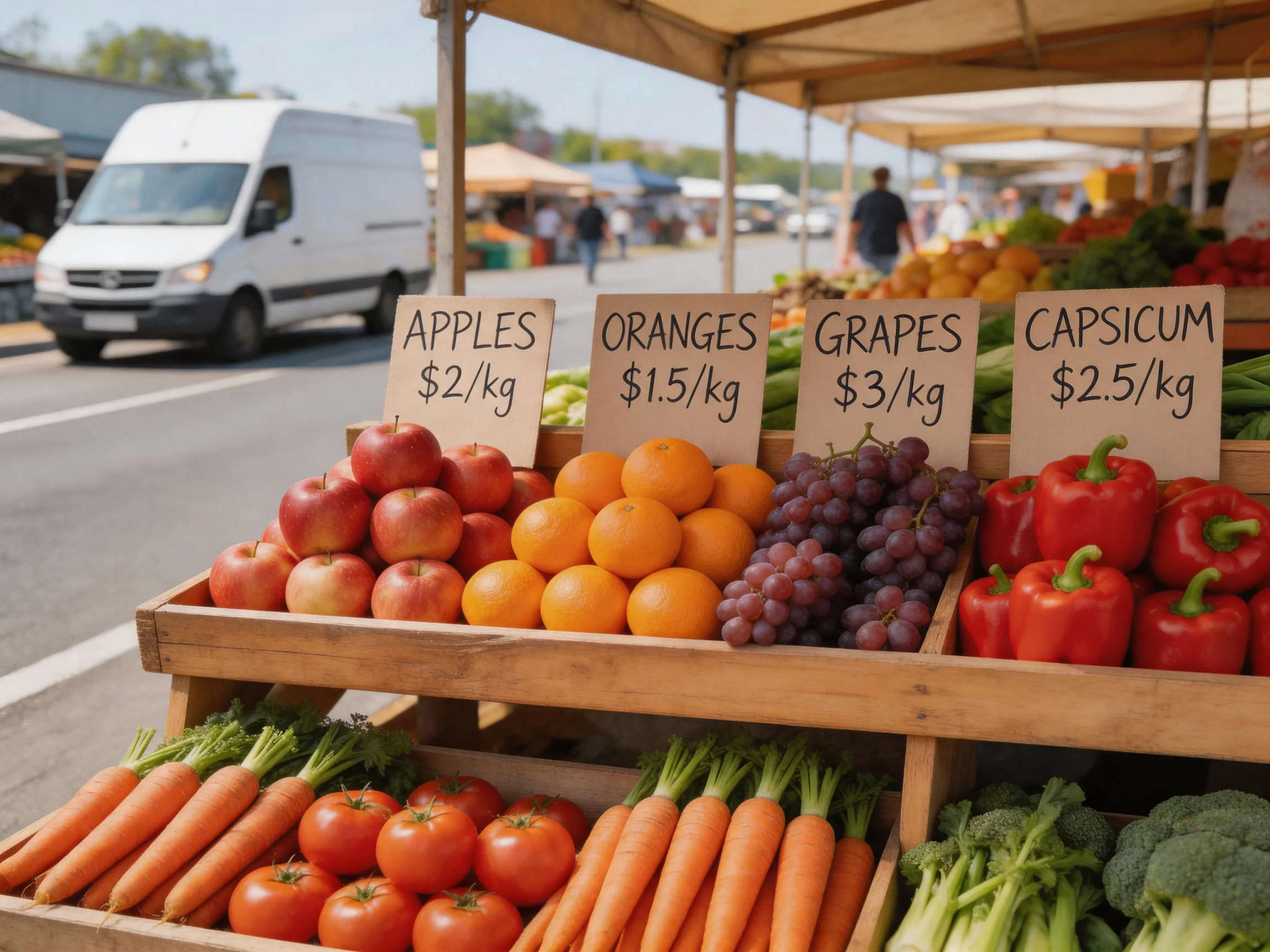 A vibrant outdoor farmers market stall with labeled fruits and veggies