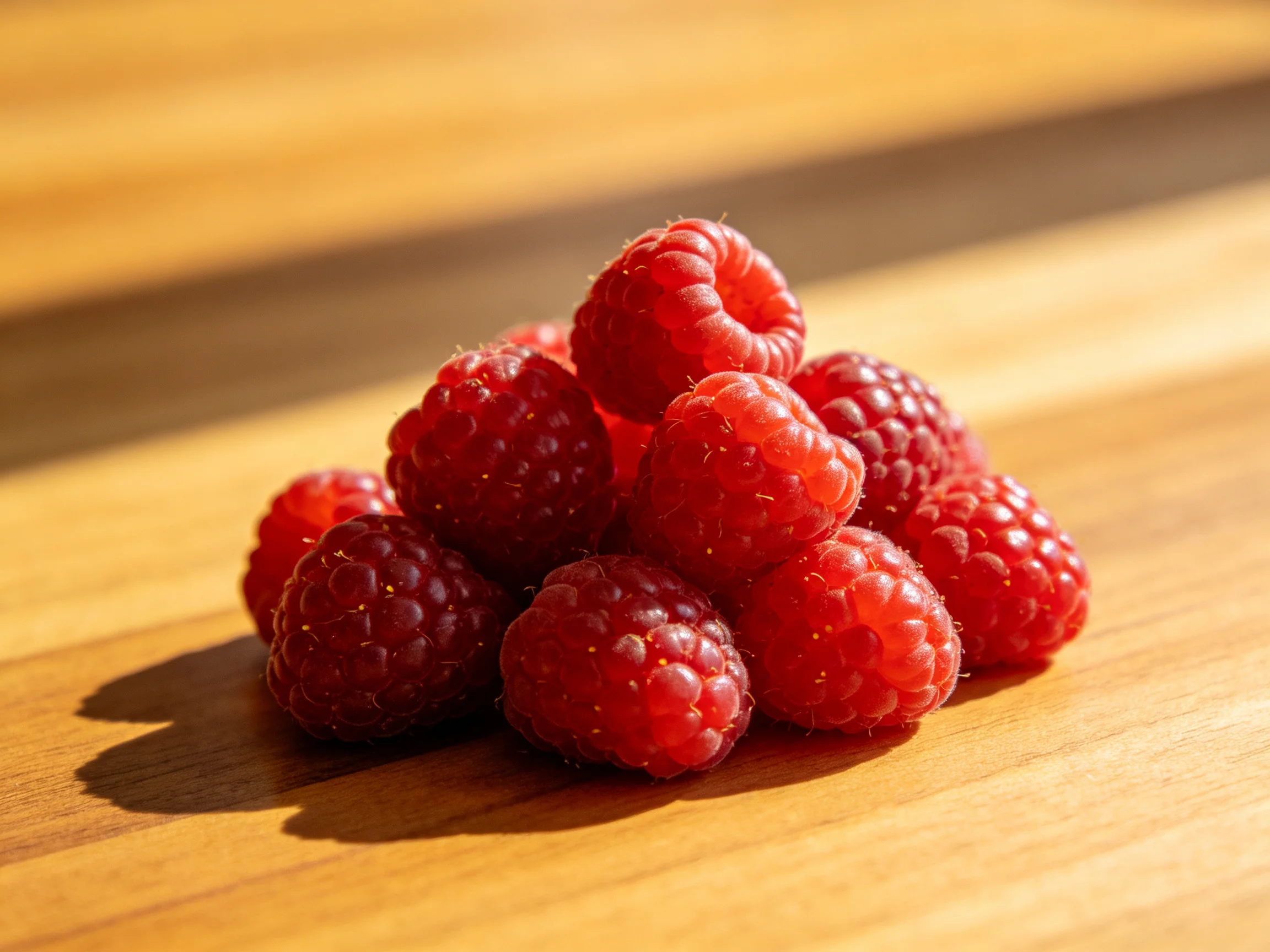 A vibrant pile of fresh raspberries on a wooden surface