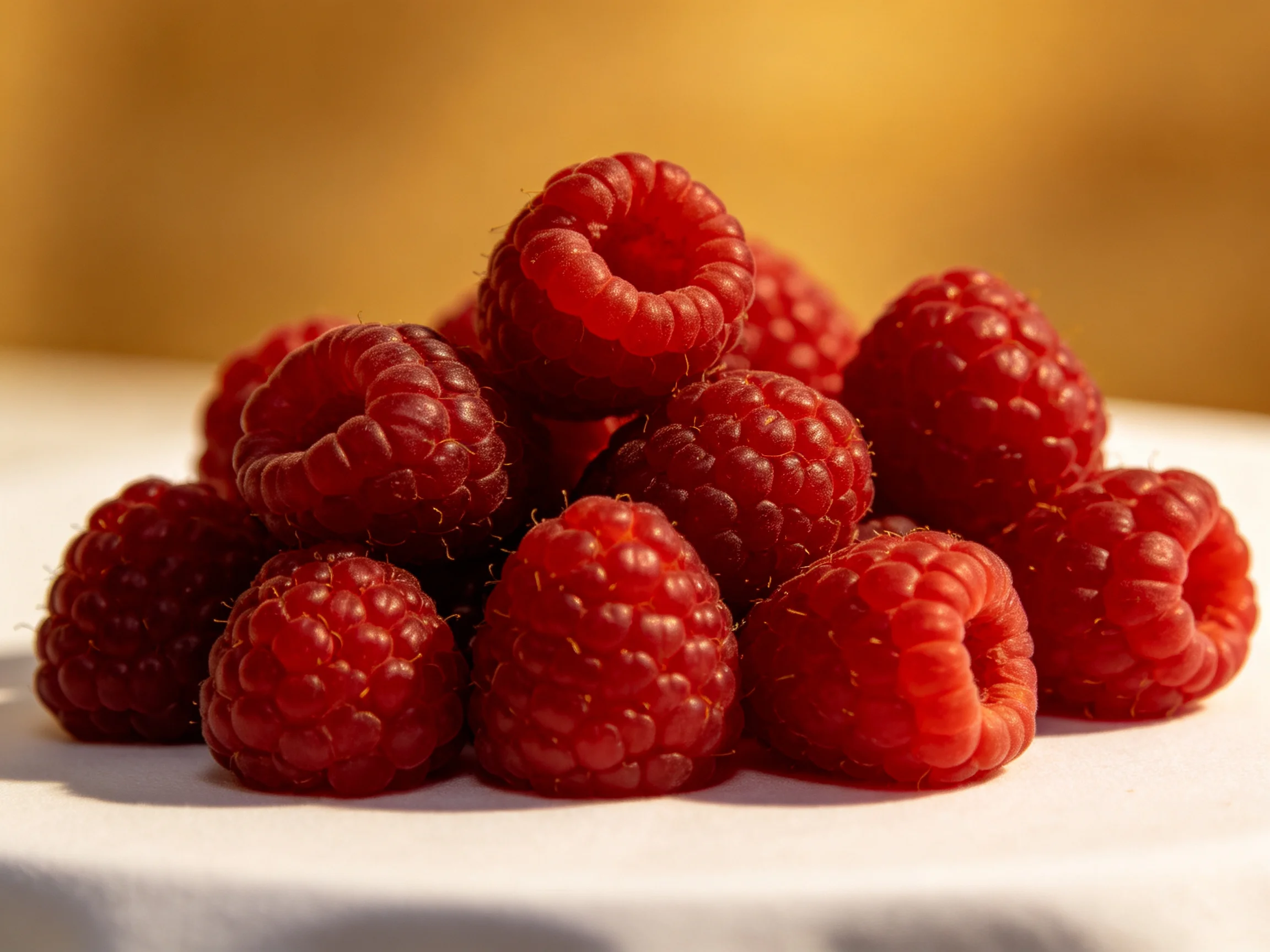 A vibrant pile of fresh red raspberries on a white surface