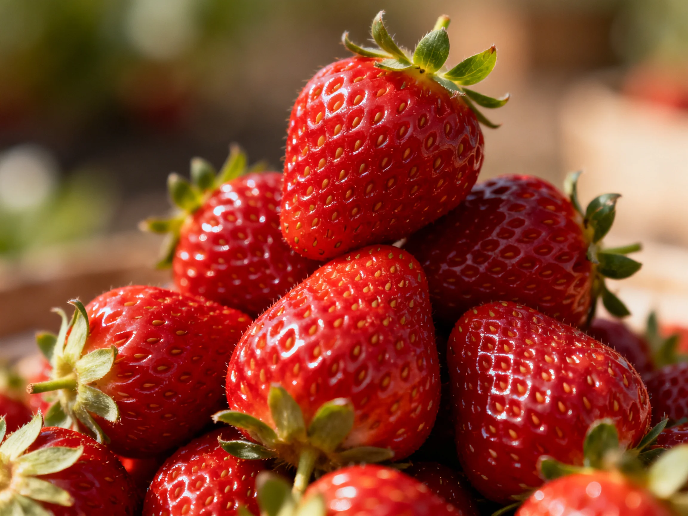 A vibrant pile of fresh red strawberries arranged in a pyramid formation