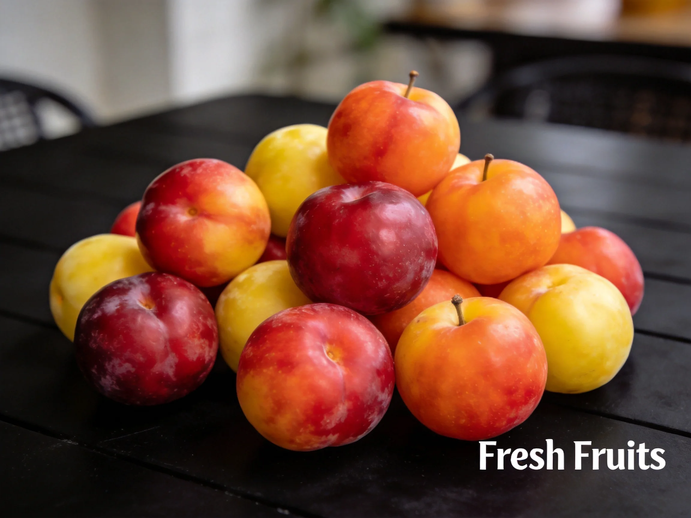 A vibrant pile of multicolored fresh fruits on a dark table