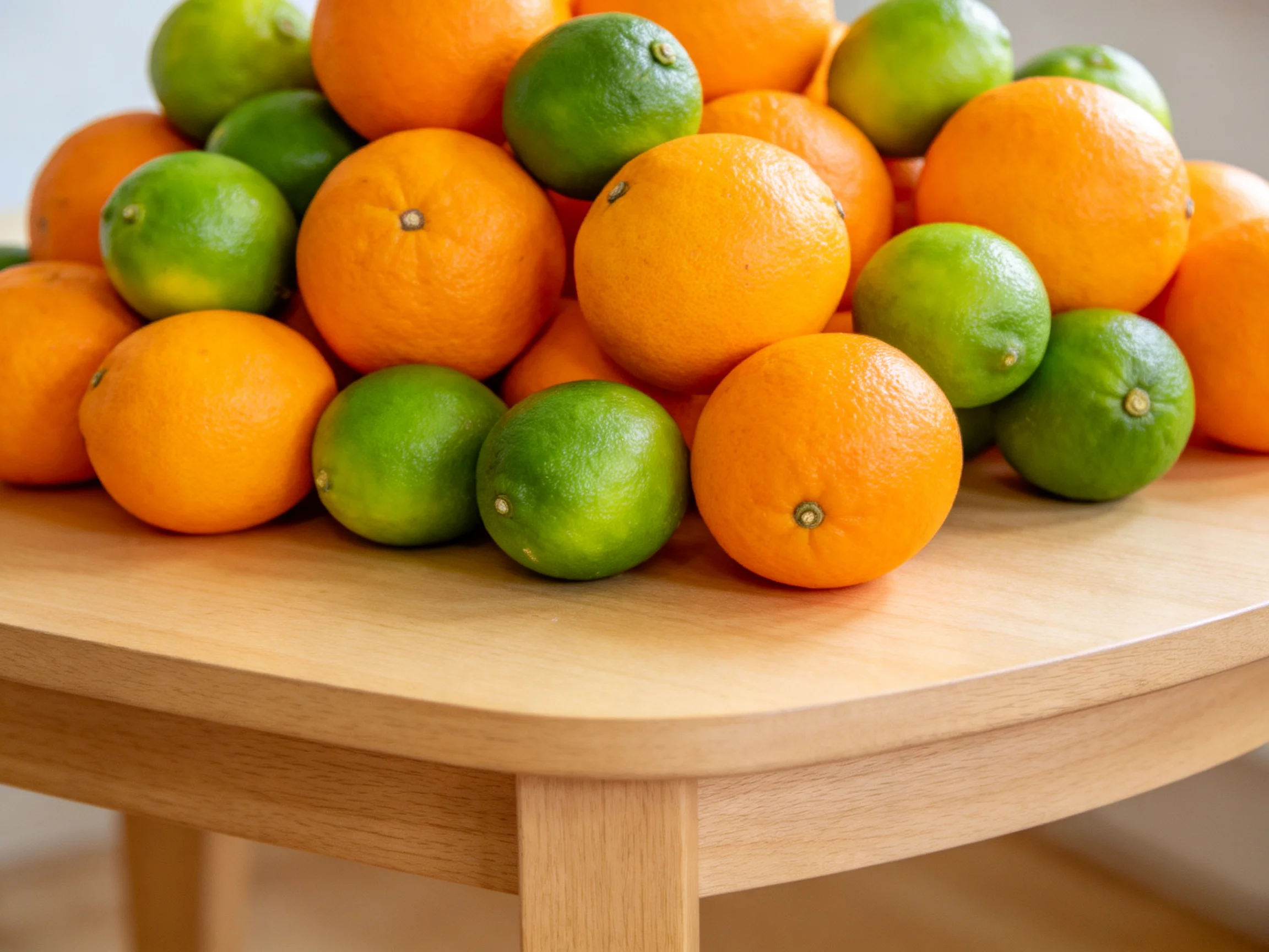 A vibrant pile of oranges and limes arranged on a wooden table