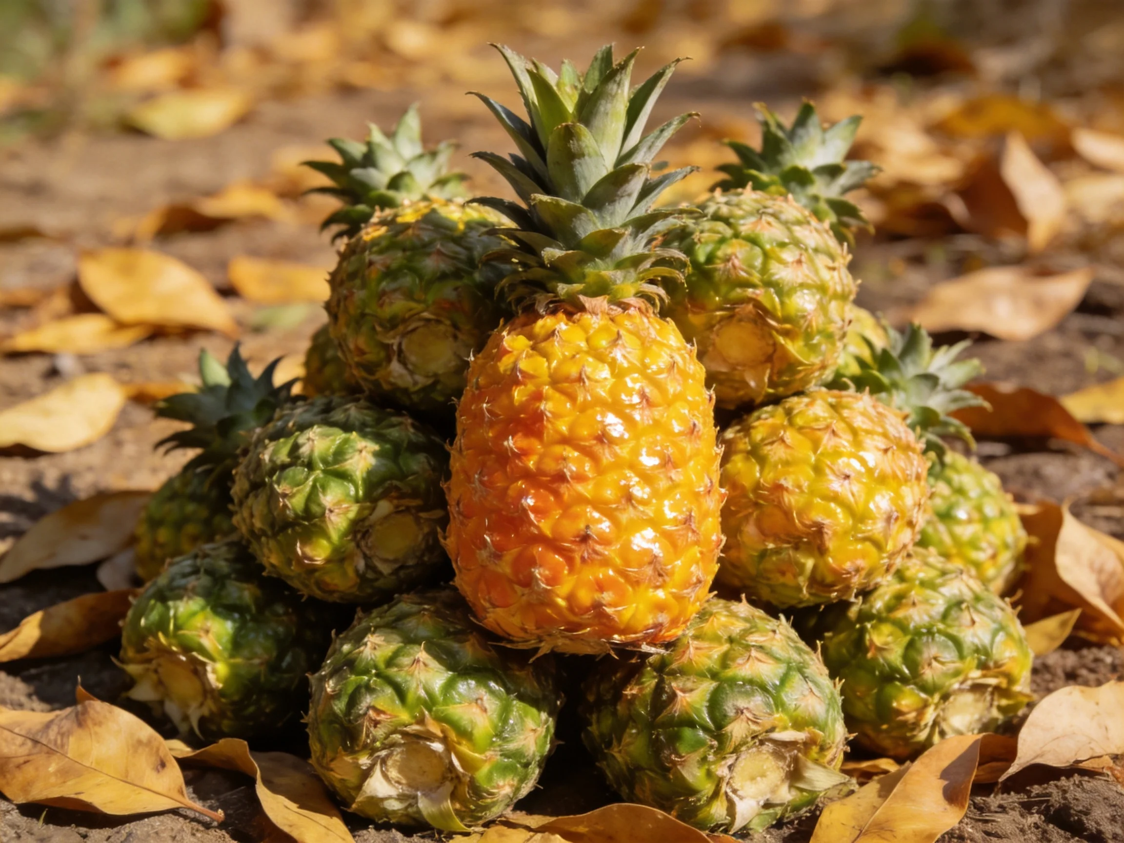 A vibrant pile of pineapples with mixed green and golden hues amid scattered autumn leaves