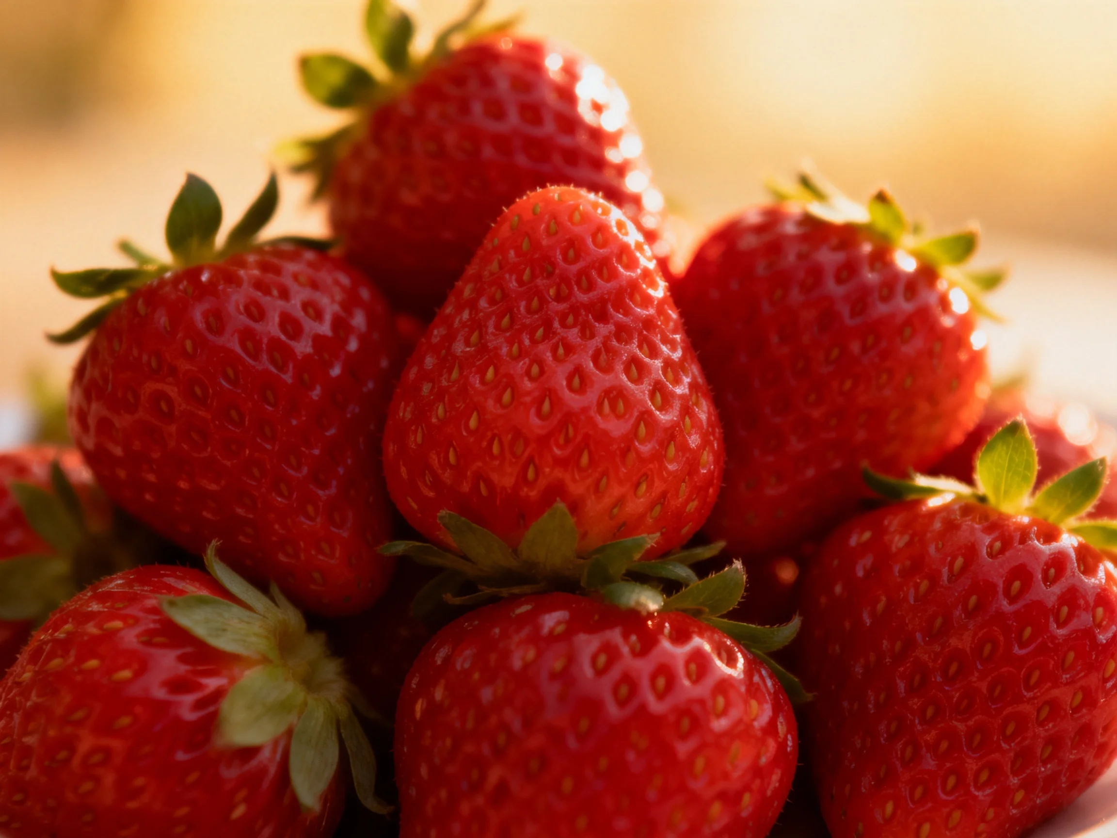 A vibrant pile of plump red strawberries with green stems