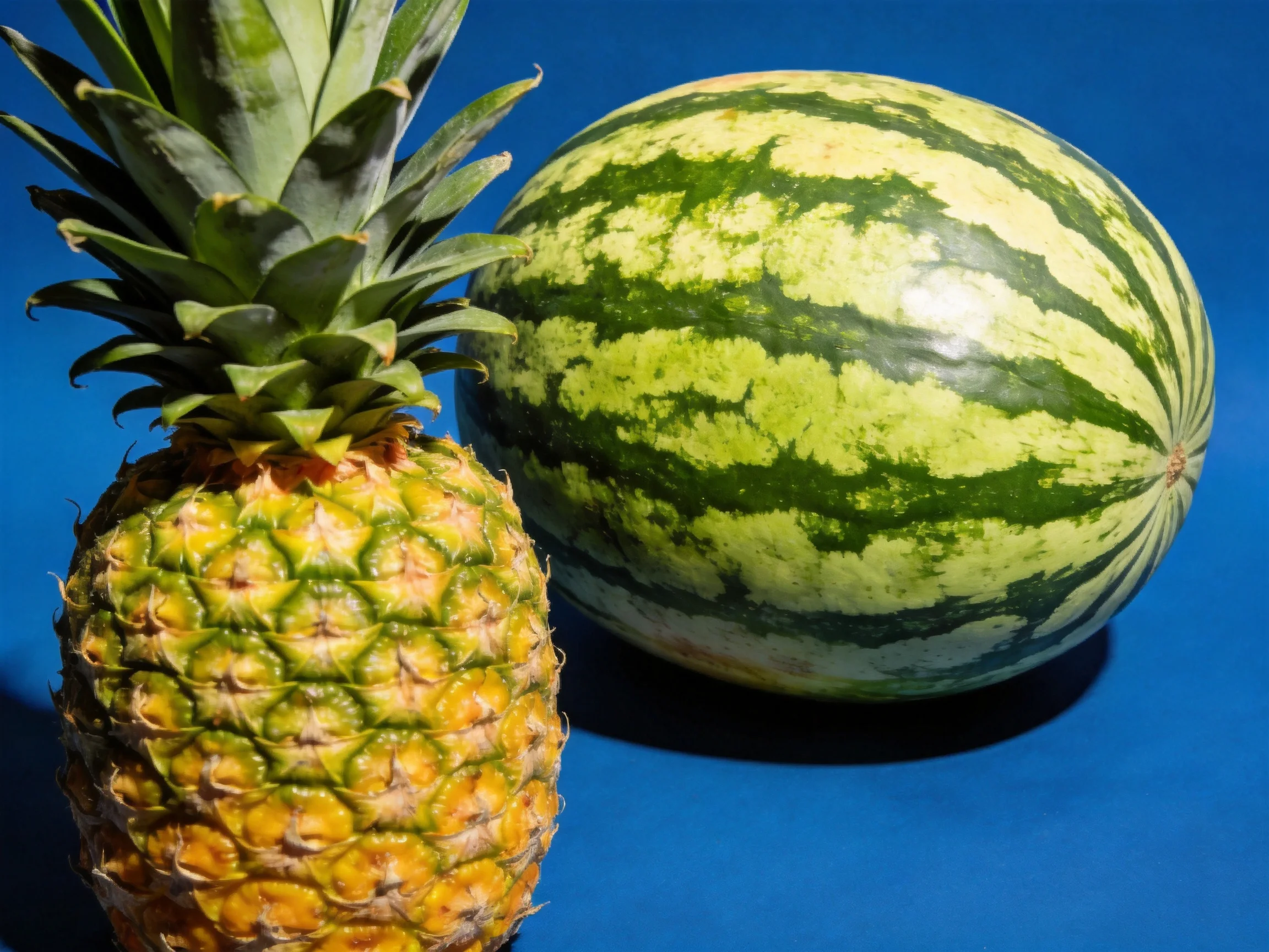 A vibrant pineapple and striped watermelon against a deep blue backdrop