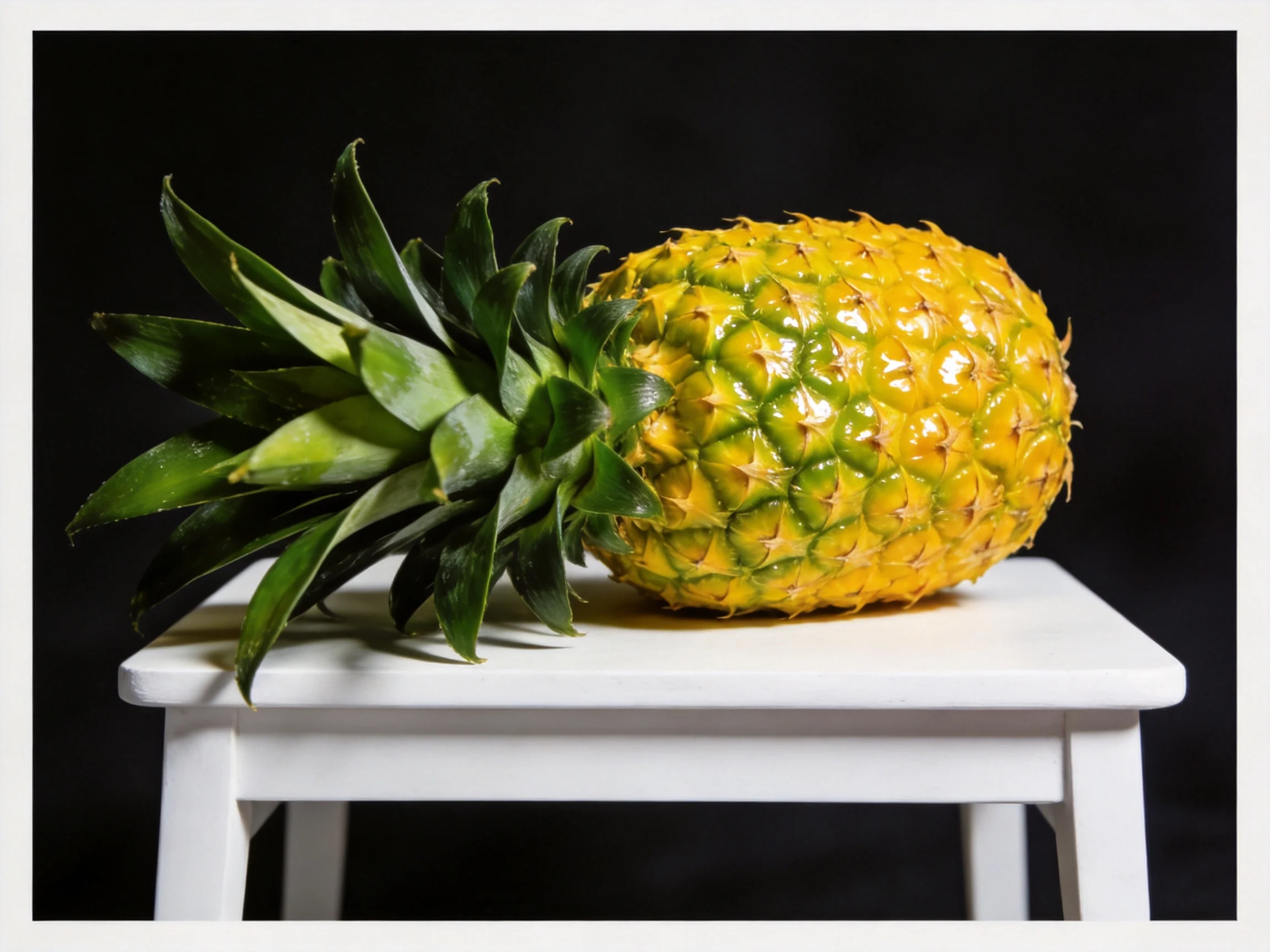 A vibrant pineapple rests atop a small white wooden stool against a dark backdrop