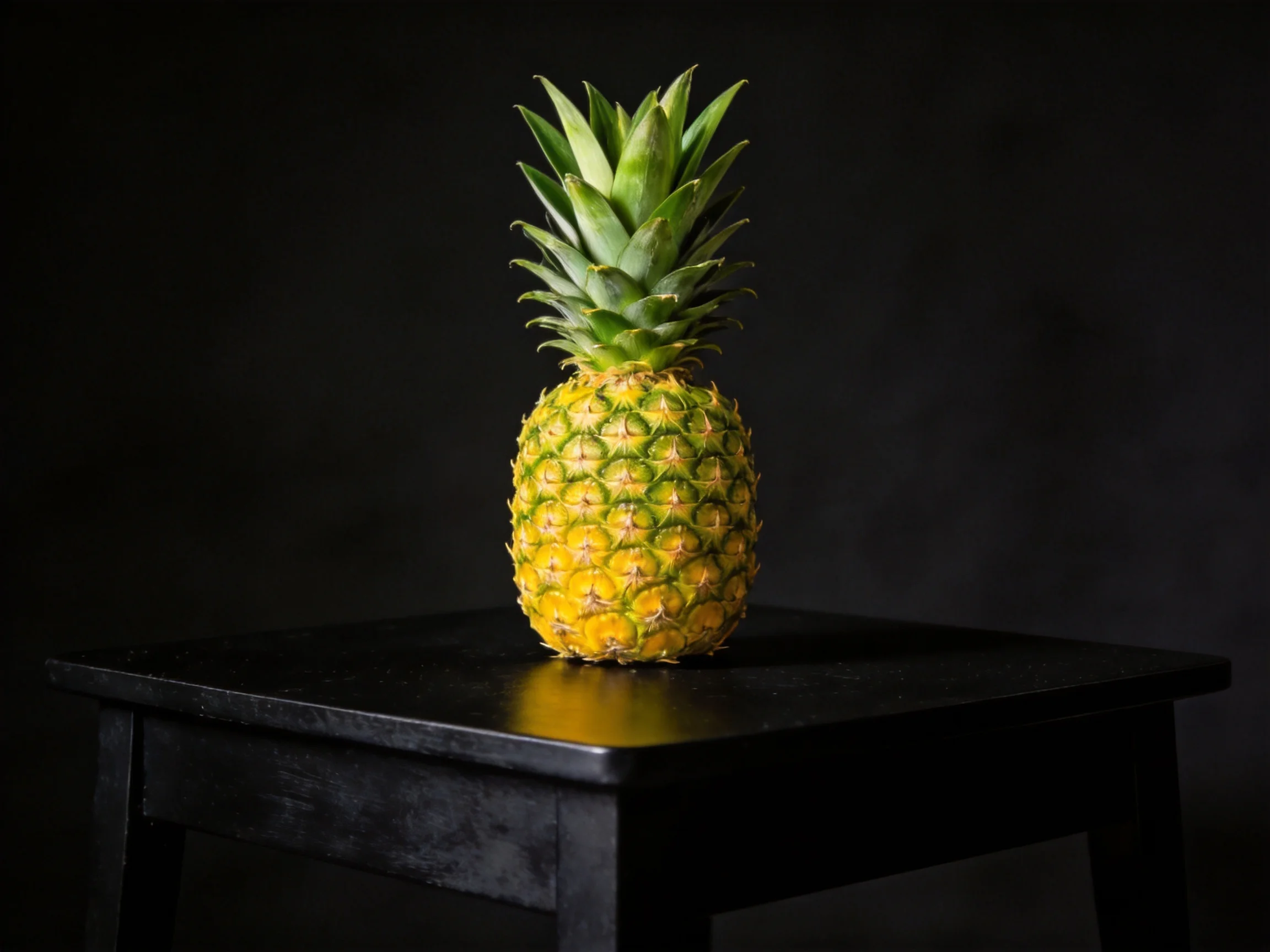 A vibrant pineapple rests on a sleek black table with a dark backdrop