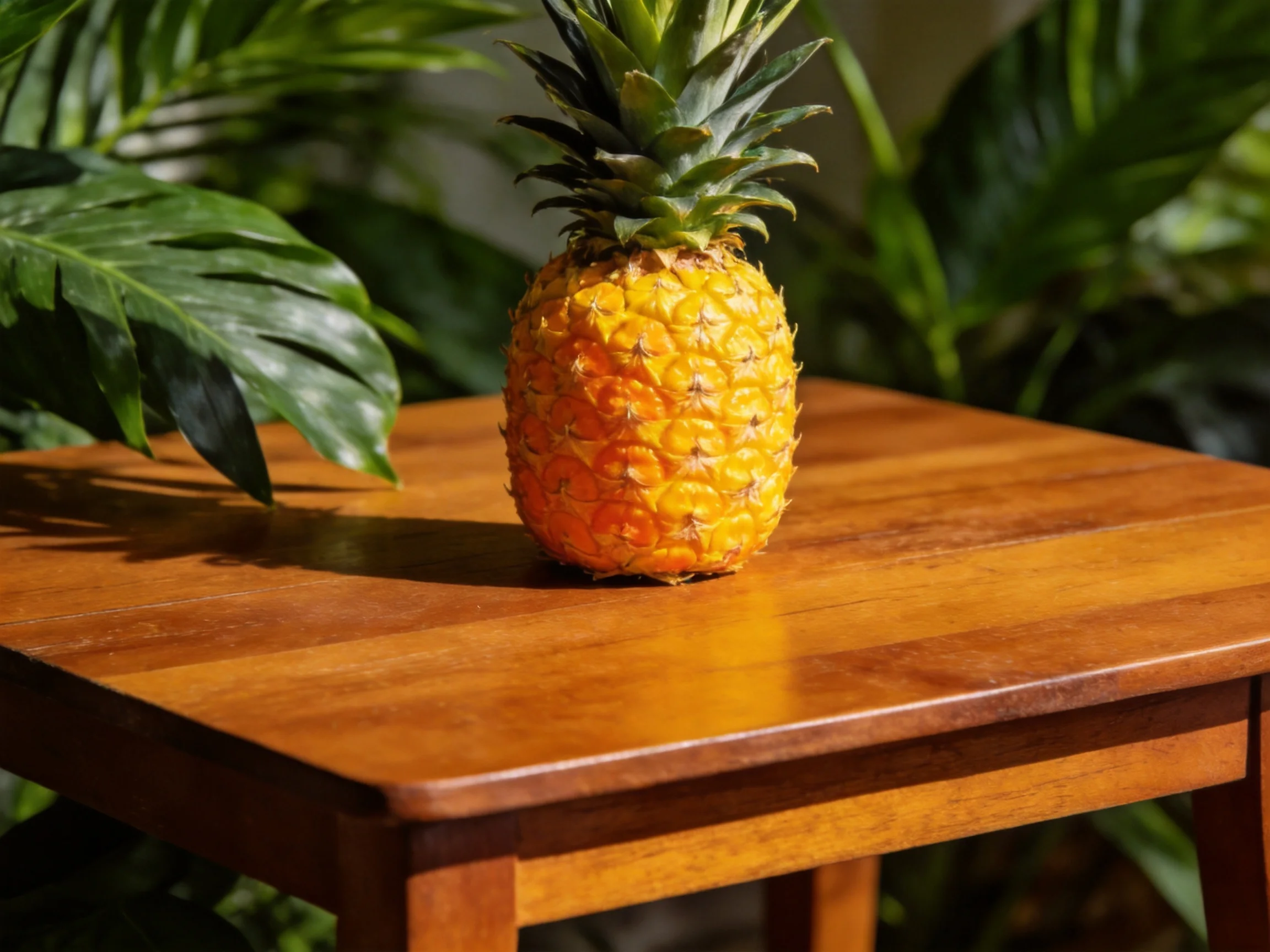 A vibrant pineapple sits atop a polished wooden table amid lush green foliage