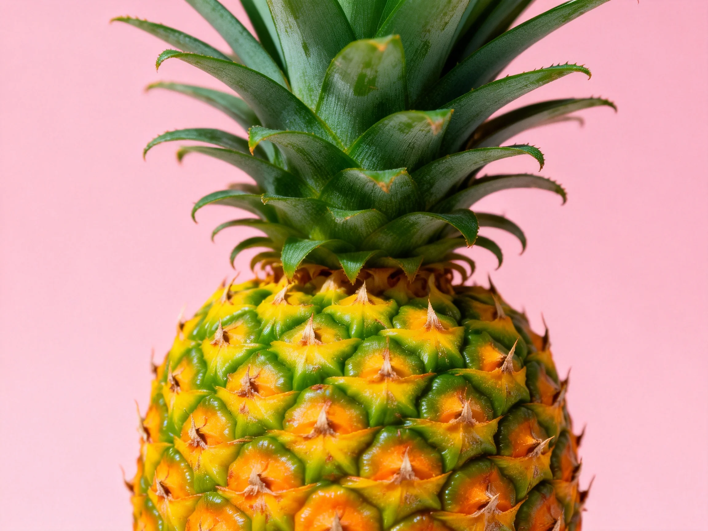 A vibrant pineapple with a spiky green crown and multicolored textured exterior