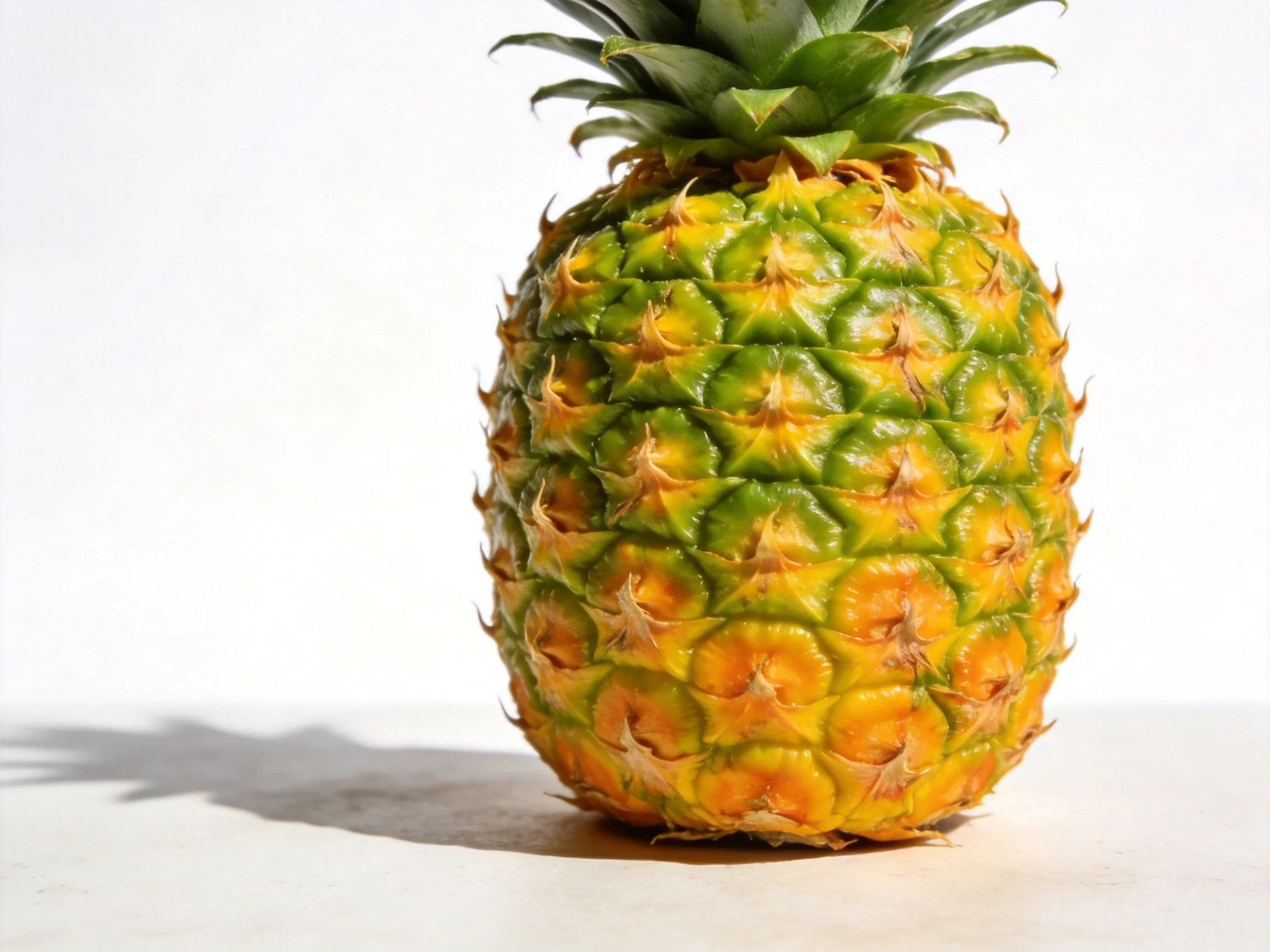 A single pineapple displays its textured green and orange surface against a plain white background.