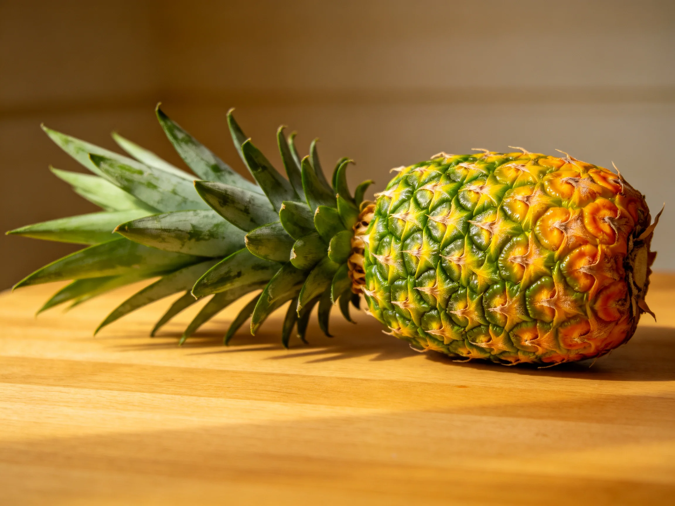 A vibrant pineapple with textured green spines rests on a wooden surface