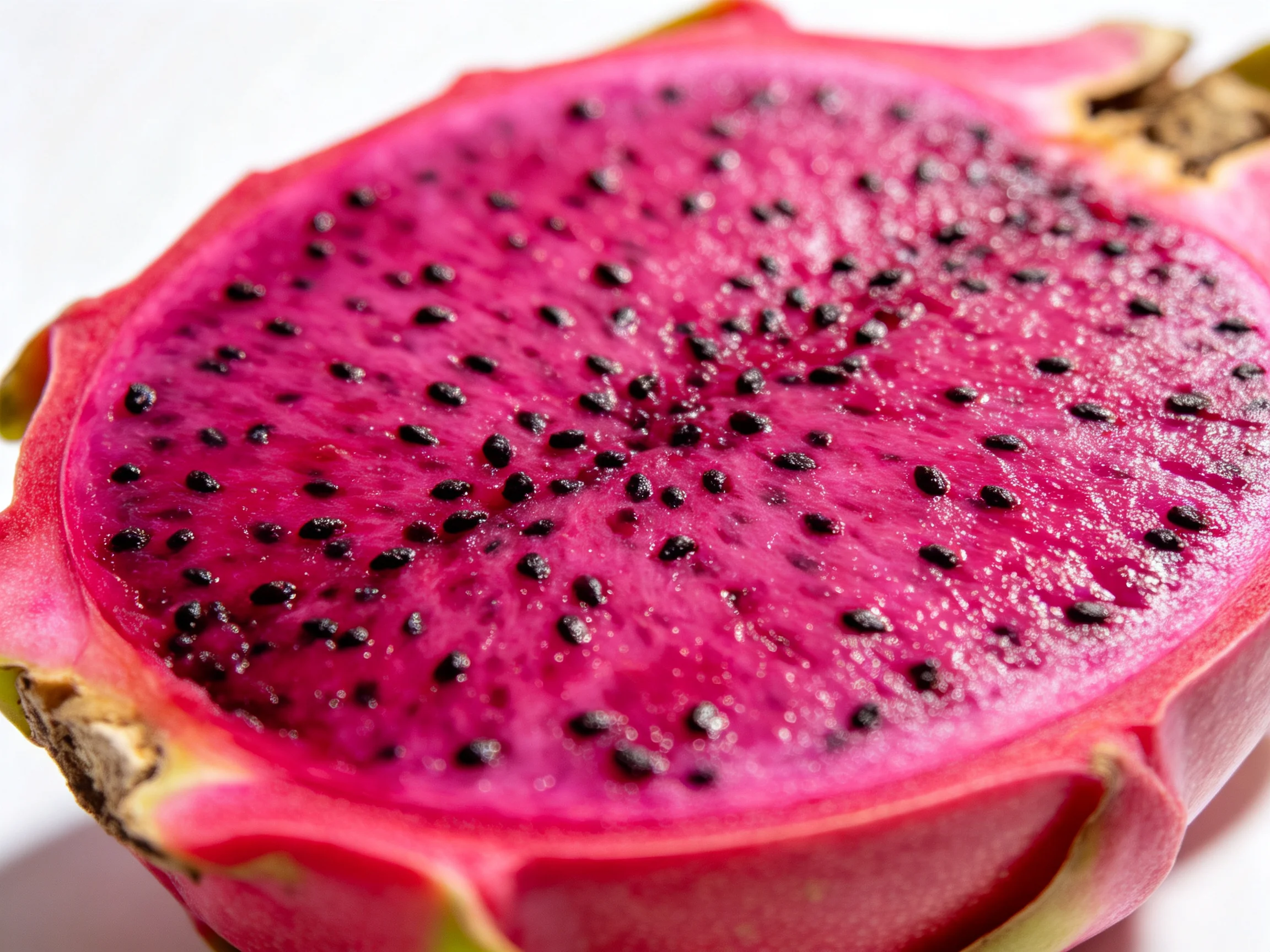 A vibrant pink dragon fruit cut open with glossy black seeds