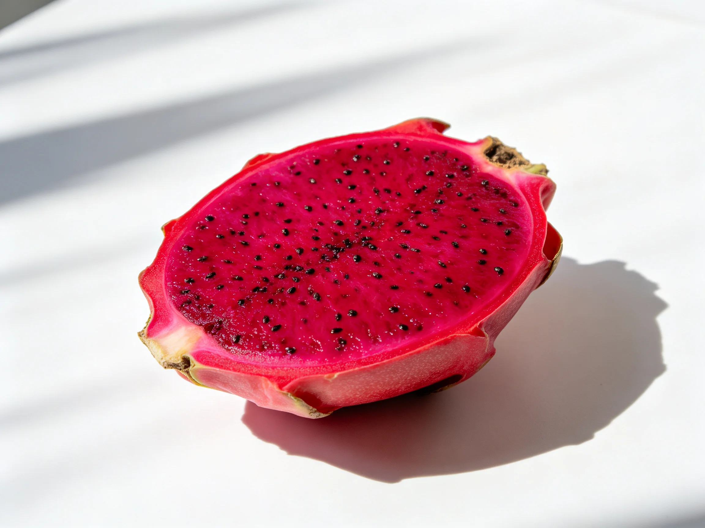 A vibrant pink dragon fruit half with black seeds on a white surface