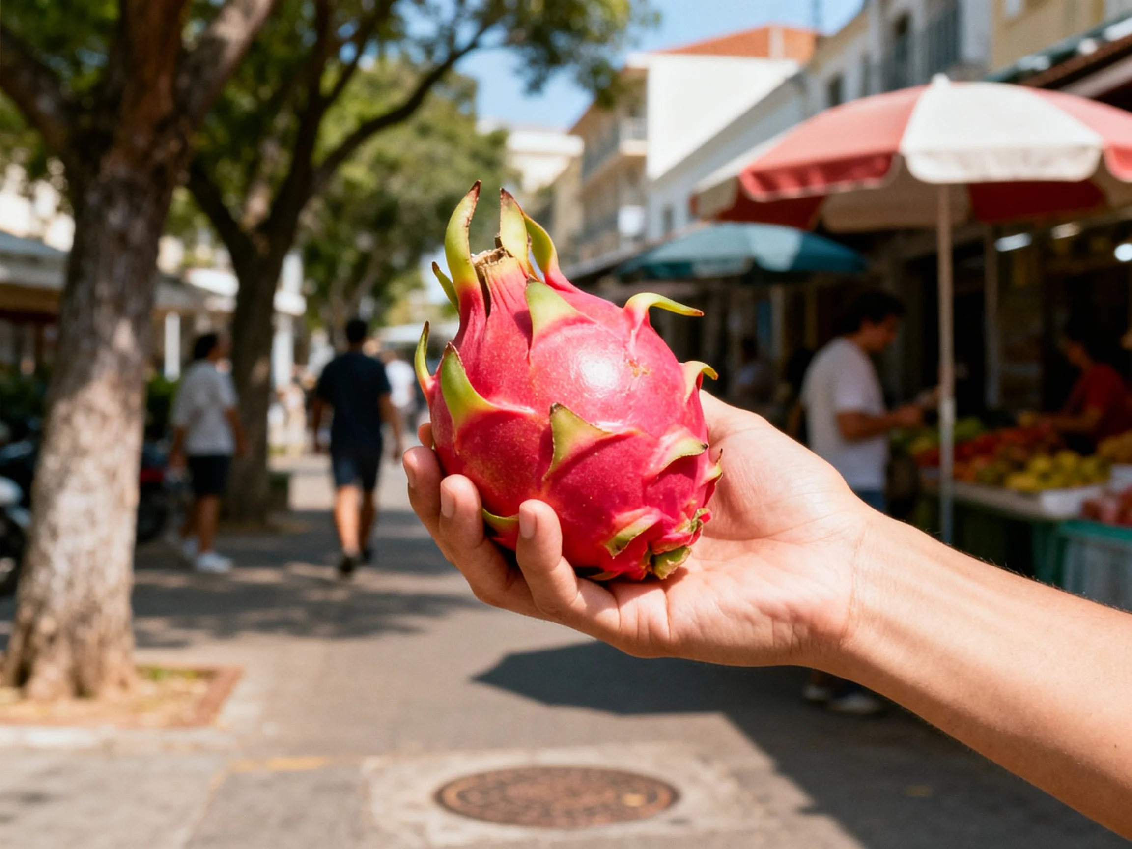 A vibrant pink dragon fruit held near sunny street market