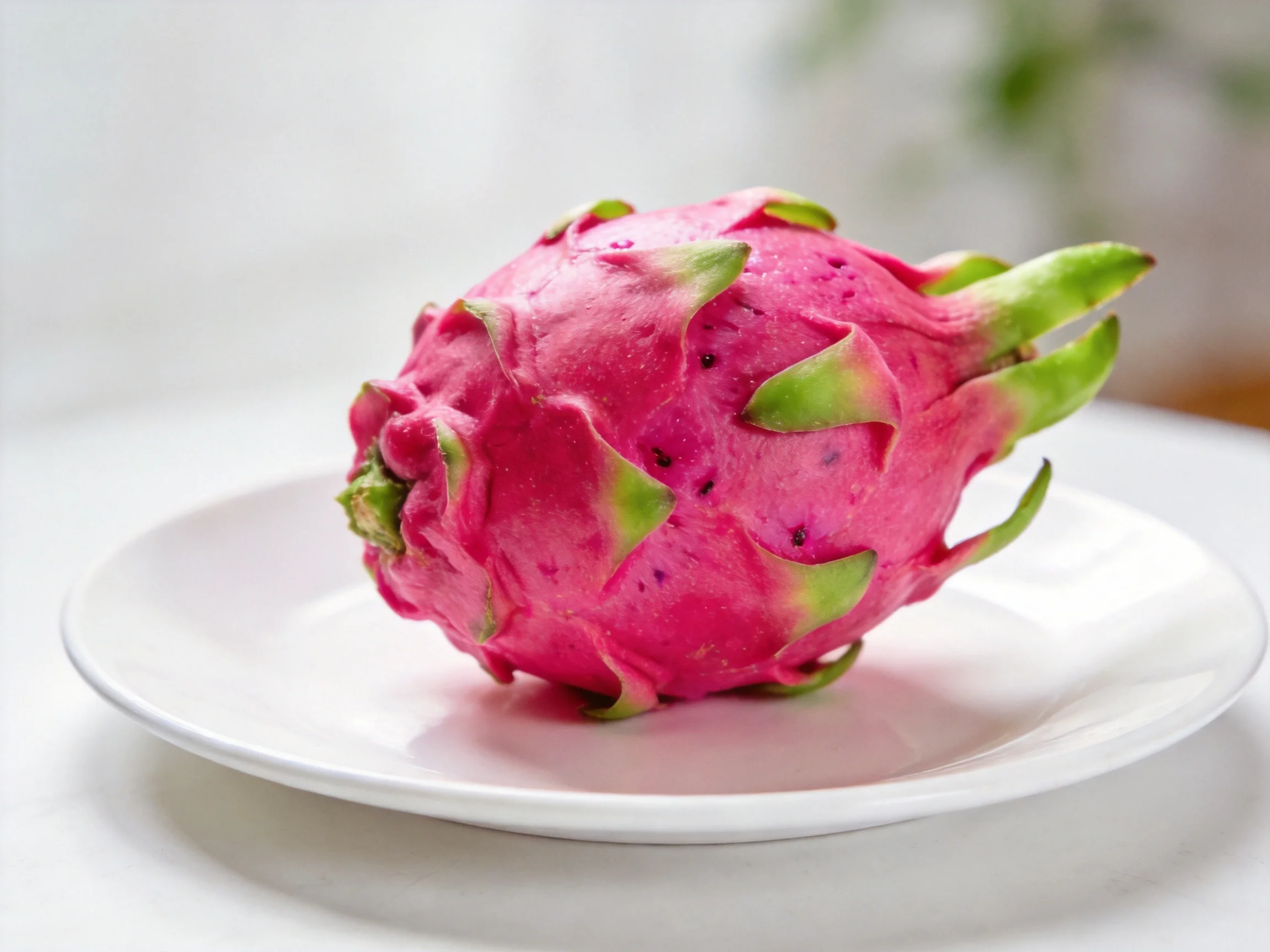 A vibrant pink dragon fruit sits on a white plate