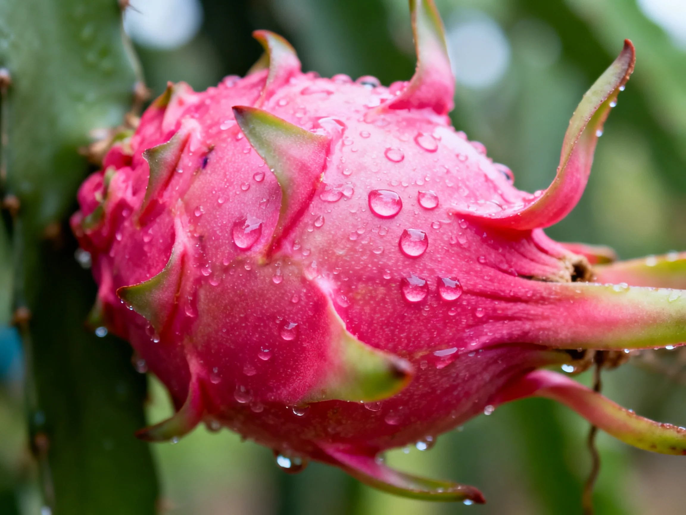 A vibrant pink dragon fruit with glistening water droplets