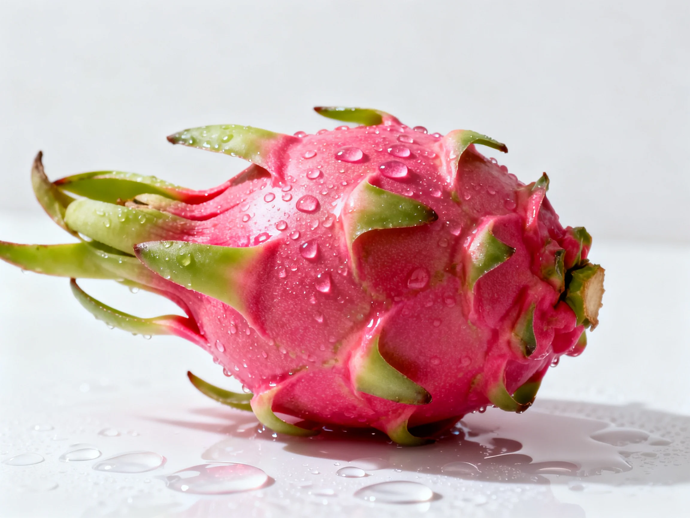 A vibrant pink dragon fruit with green accents and water droplets
