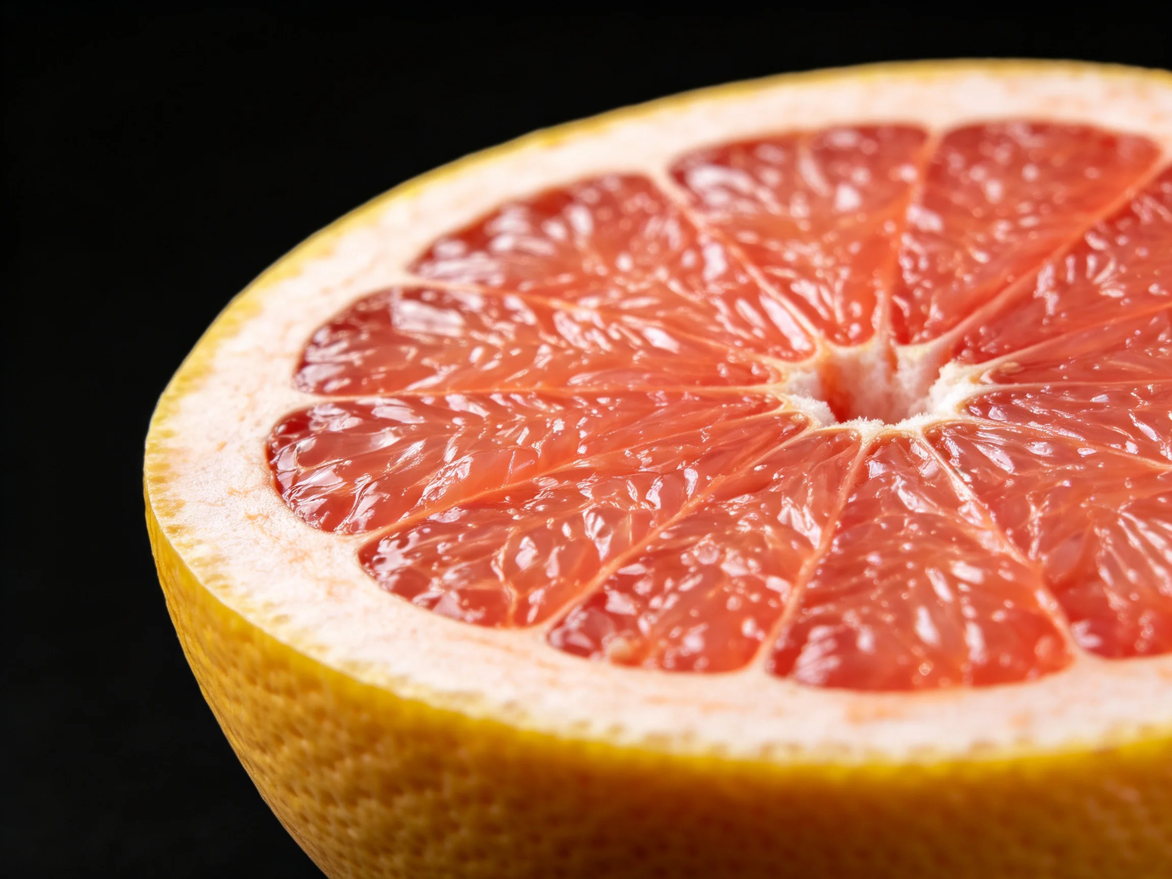 A vibrant pink grapefruit half with textured yellow rind and juicy red segments