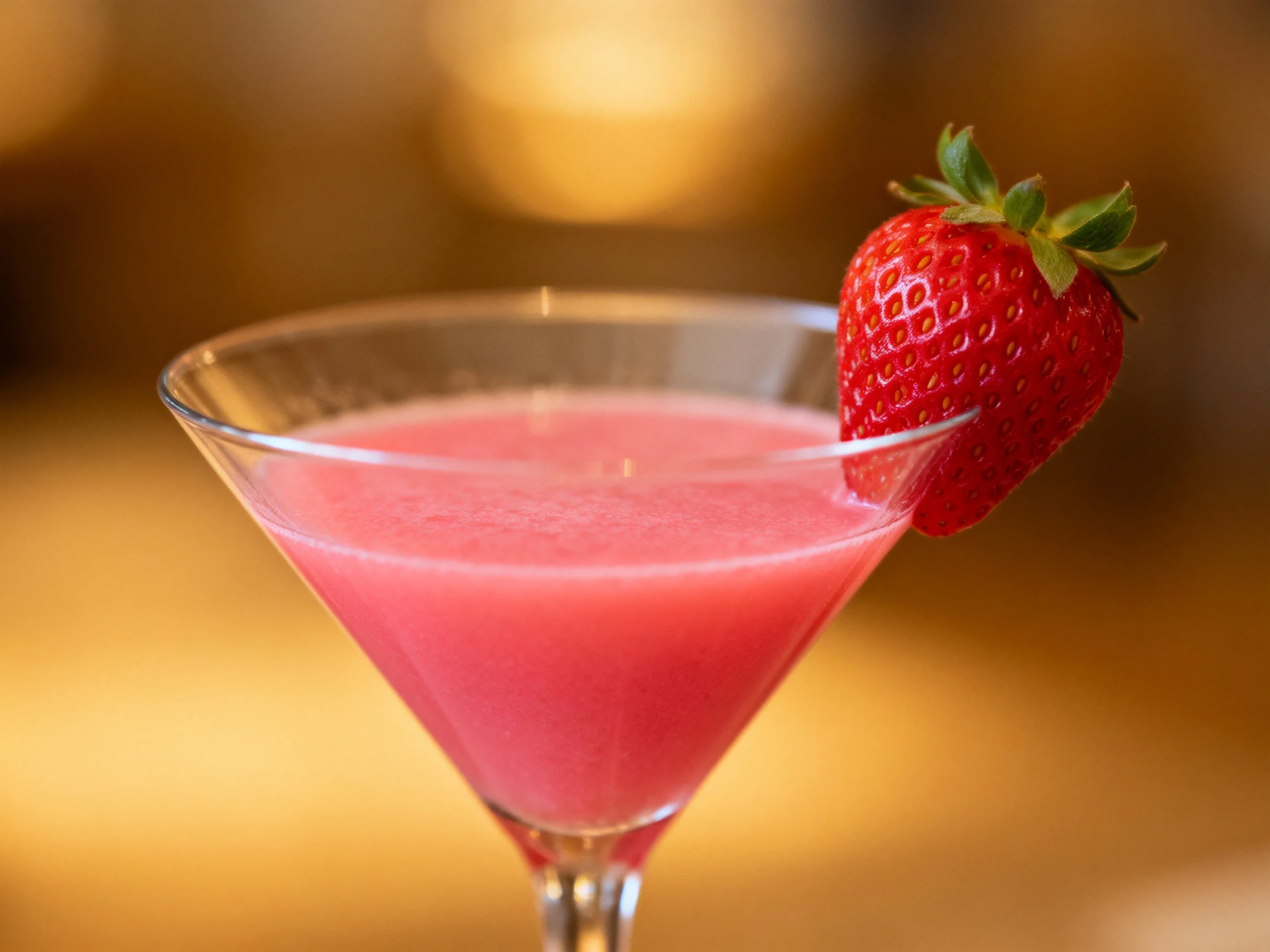 A vibrant pink strawberry cocktail served in a martini glass