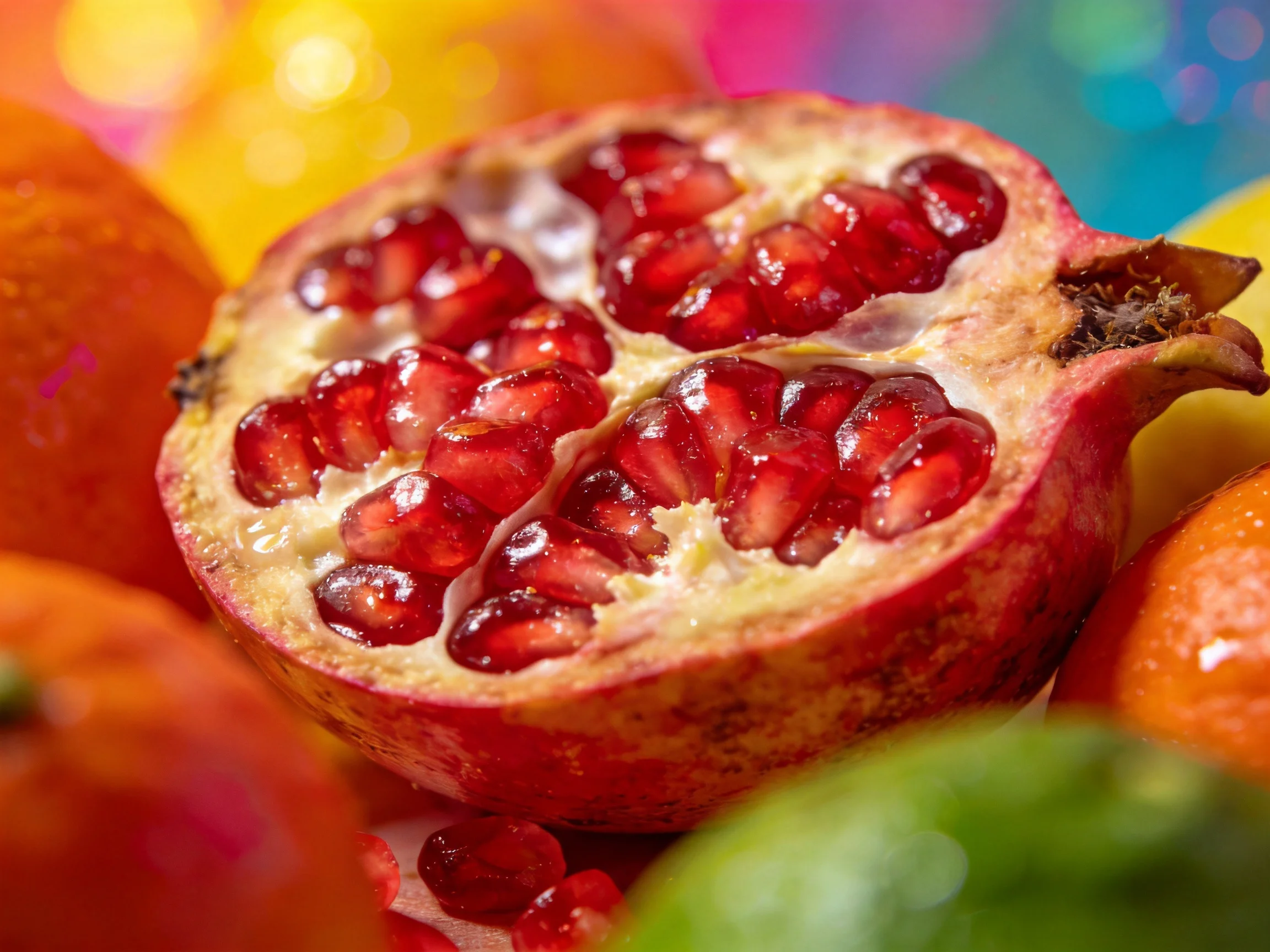 A vibrant pomegranate half surrounded by colorful citrus fruits