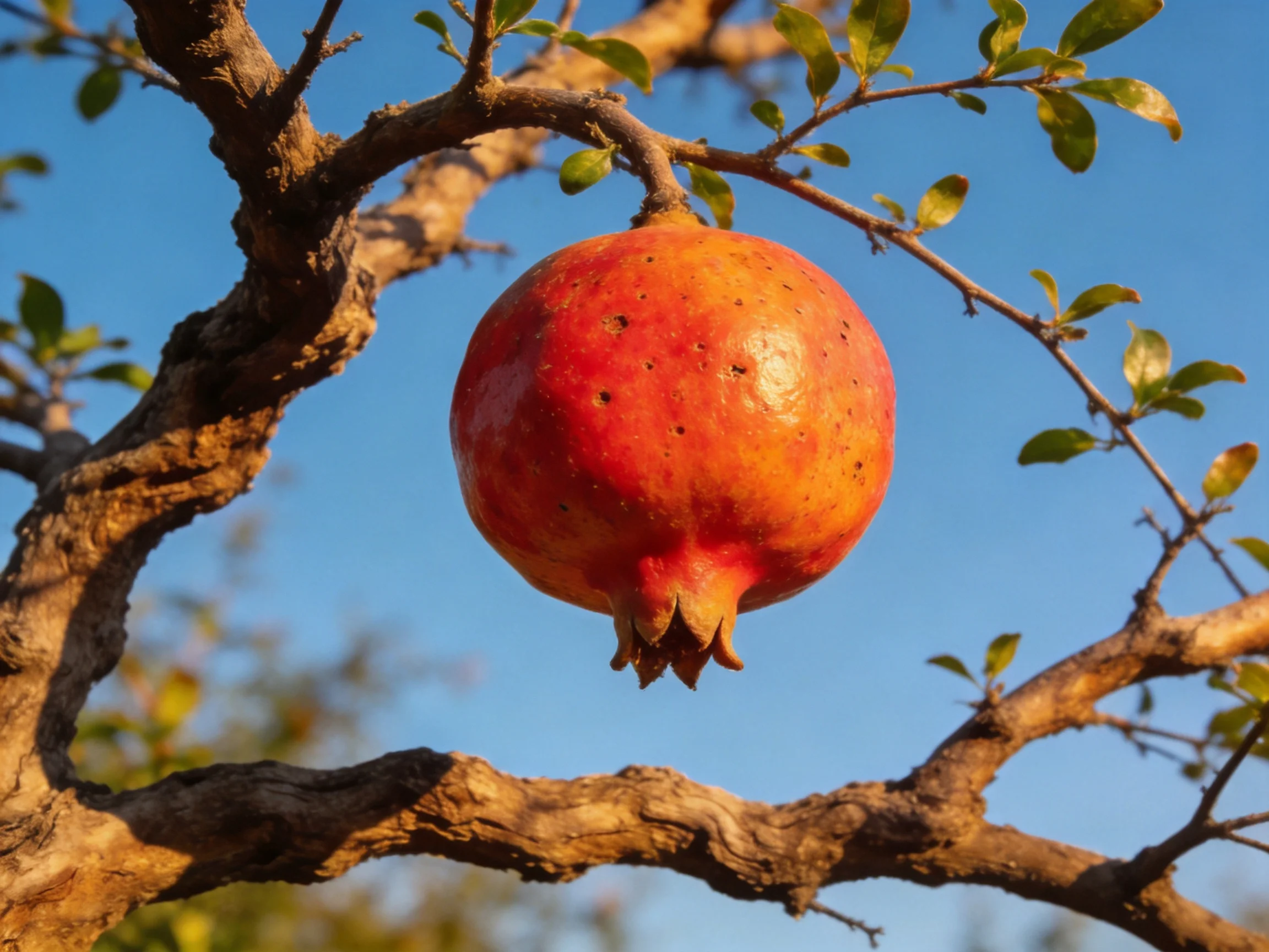 A vibrant pomegranate hangs from a gnarled tree branch against a clear blue sky