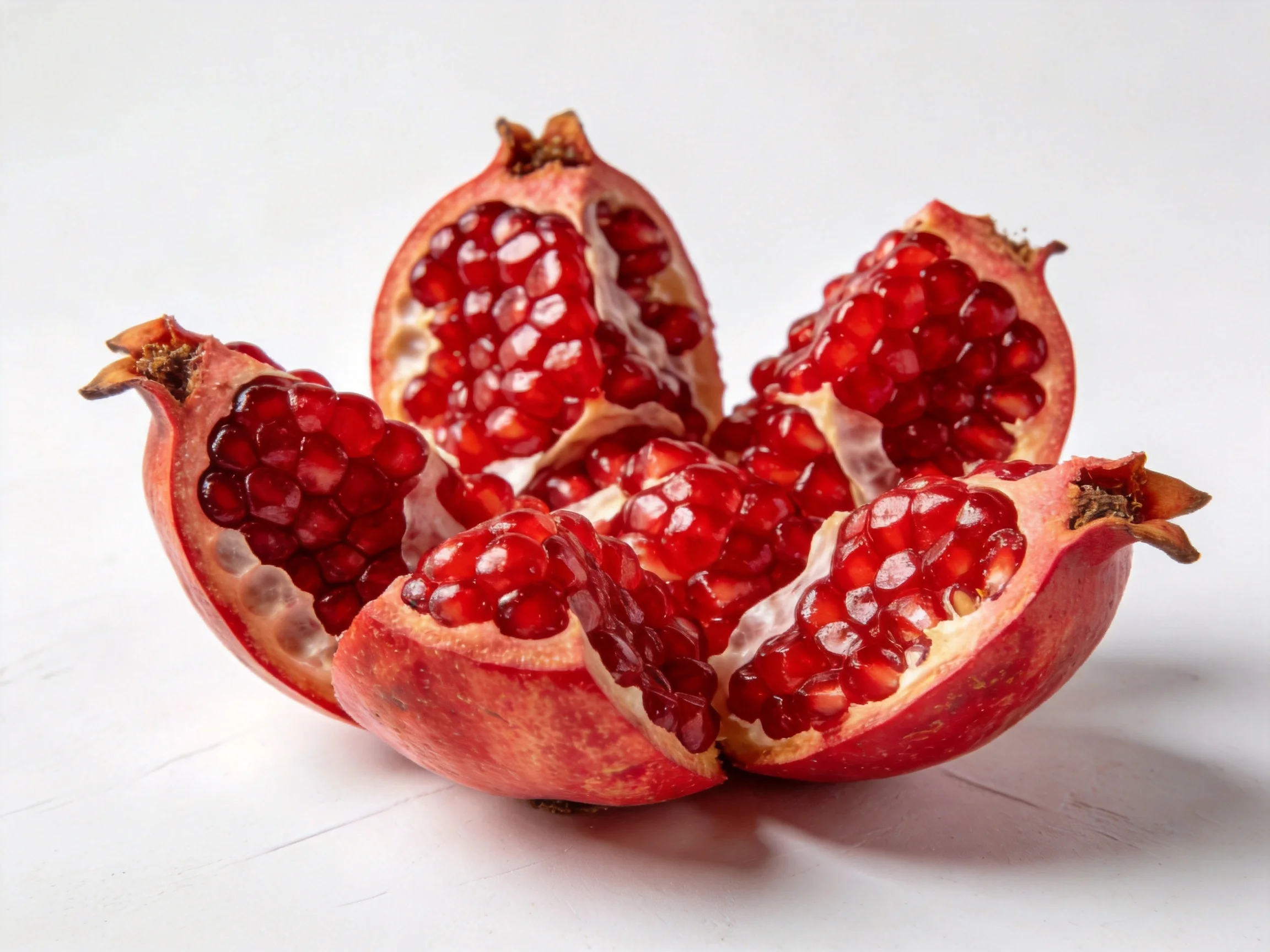 A vibrant pomegranate split into six sections with glistening red seeds