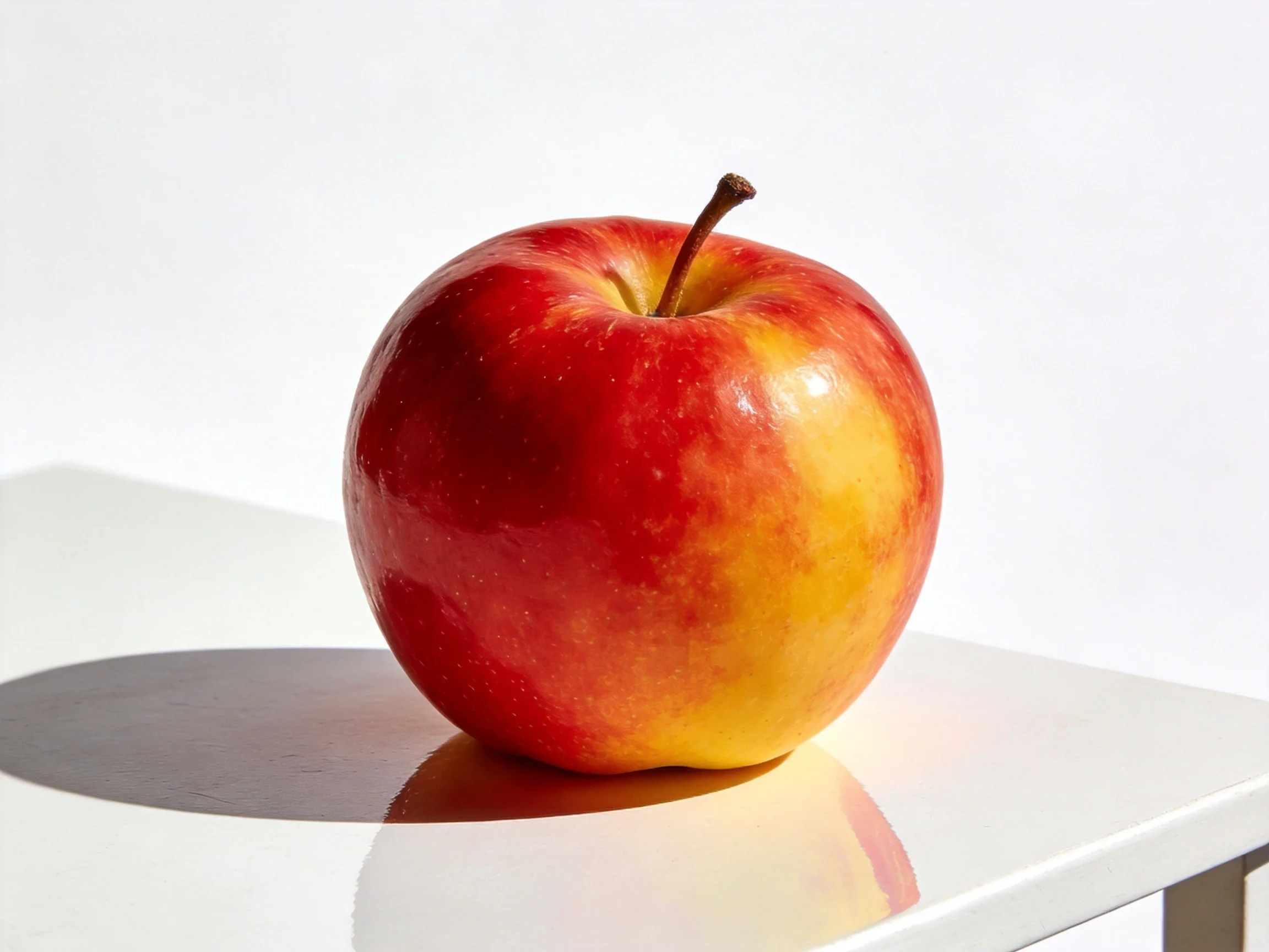 A vibrant red and golden apple sits on a white surface