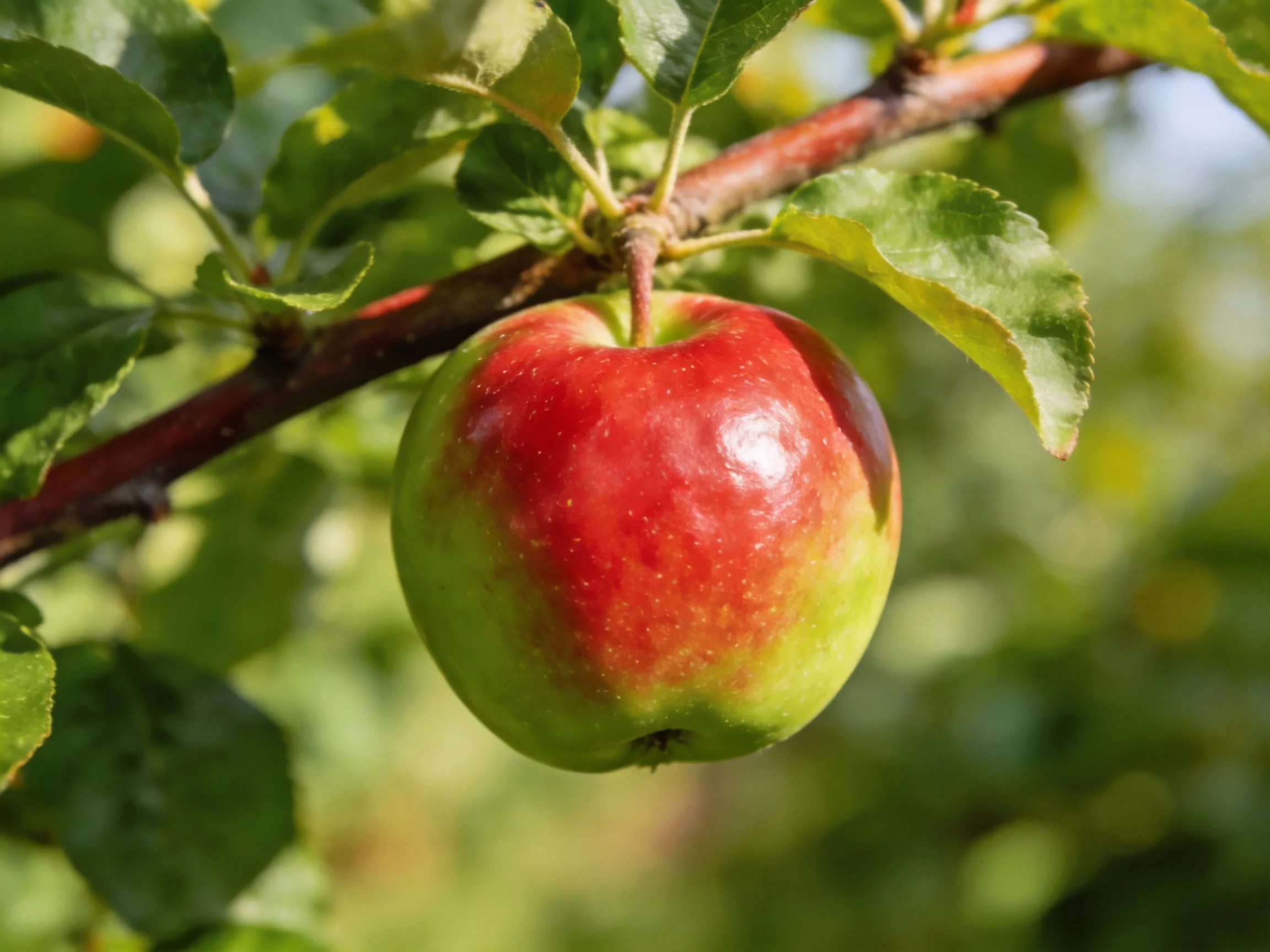 A vibrant red and green apple hangs from a brown tree branch