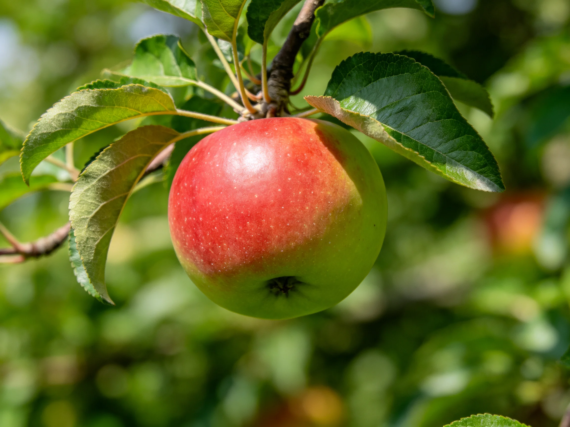 A vibrant red and green apple hangs from a tree branch