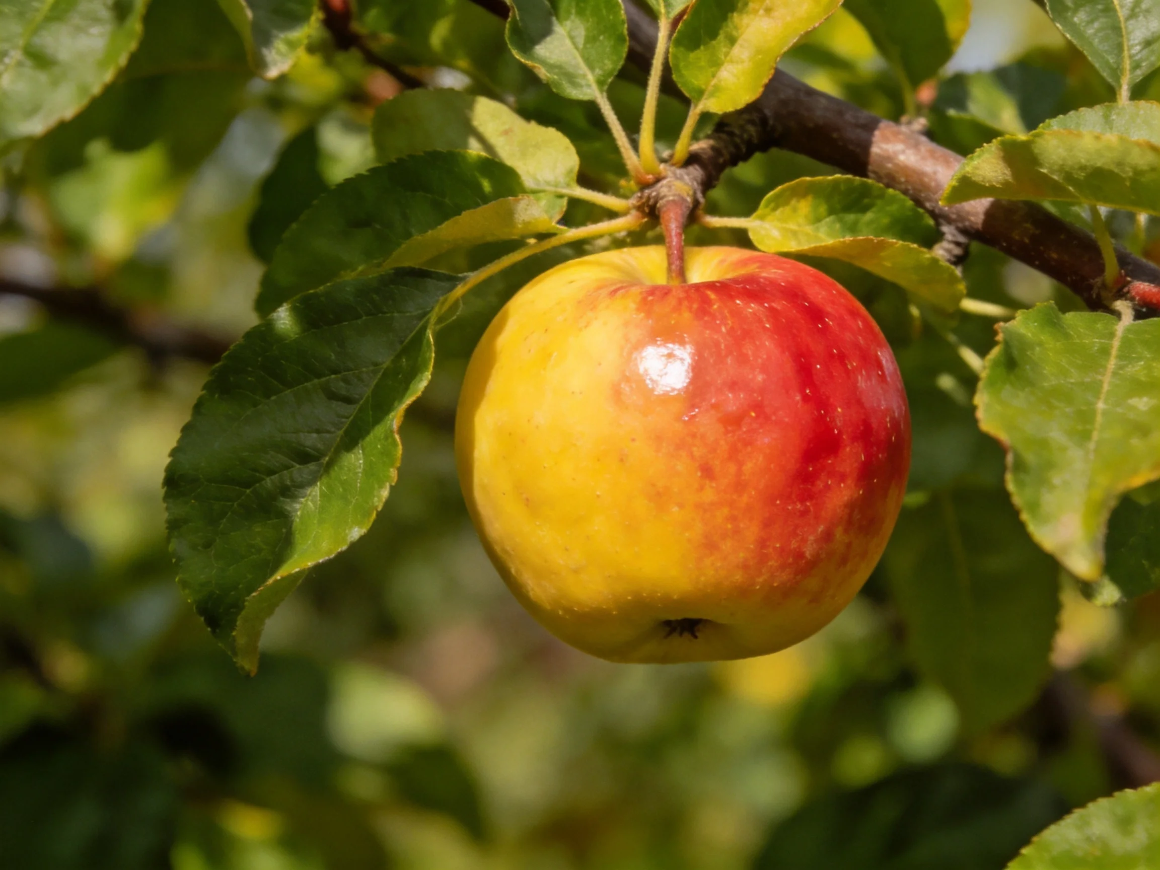 A vibrant red and yellow apple hangs from a tree branch