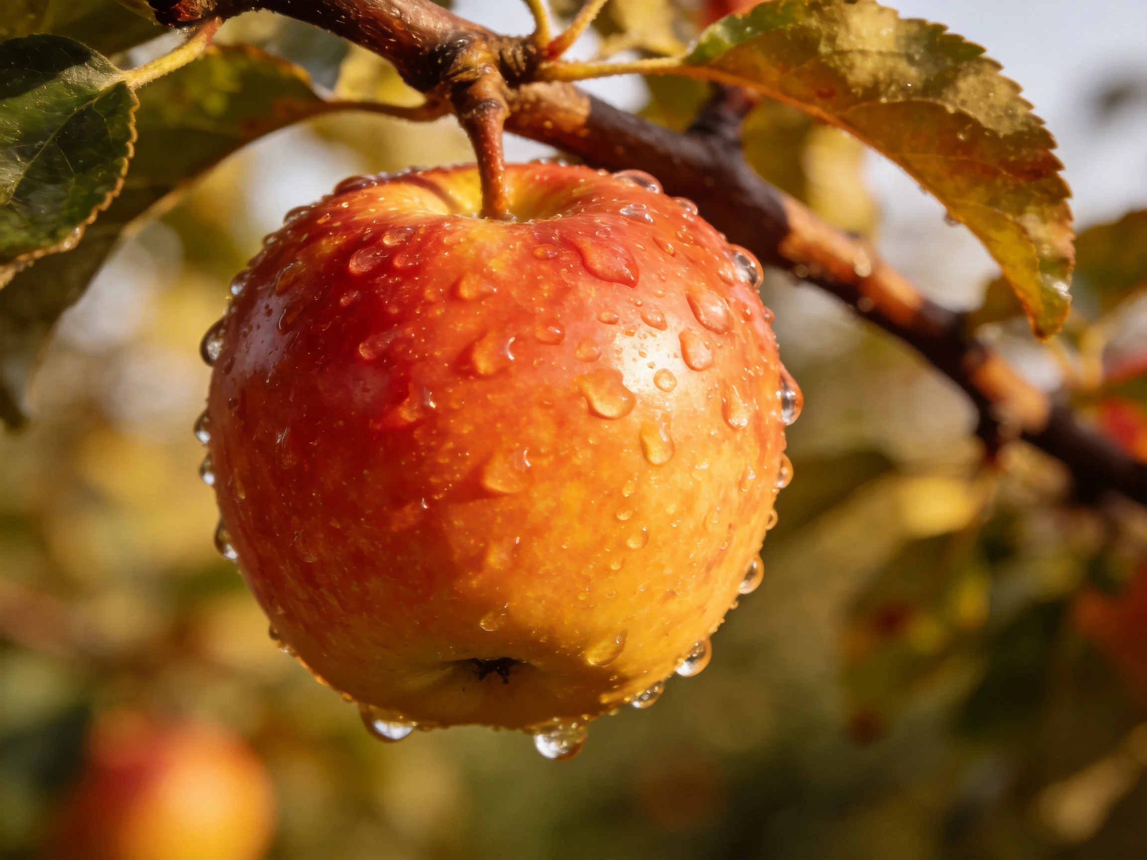 A vibrant red and yellow apple with water droplets on a tree branch