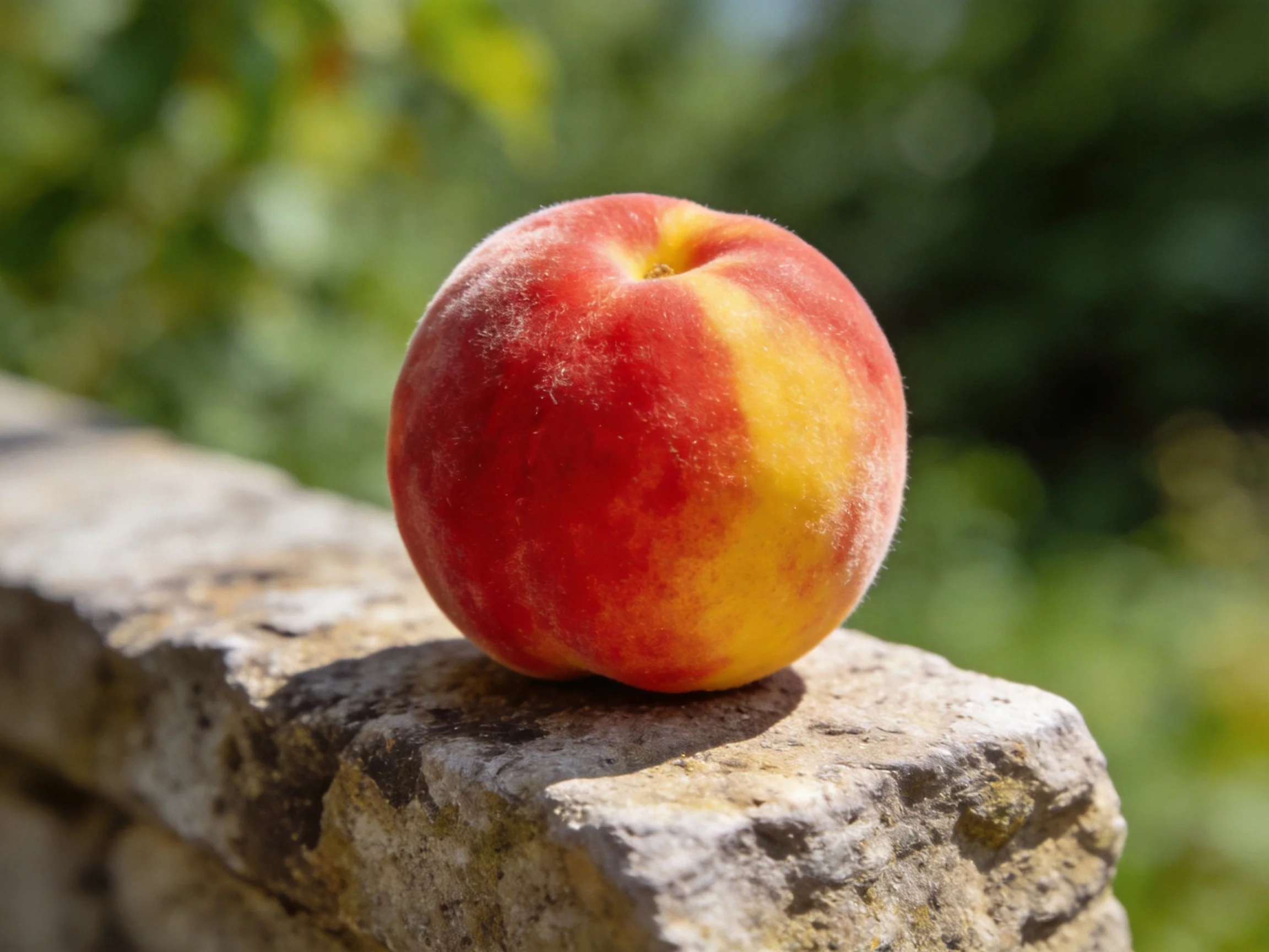 A vibrant red and yellow peach sits atop a weathered stone ledge