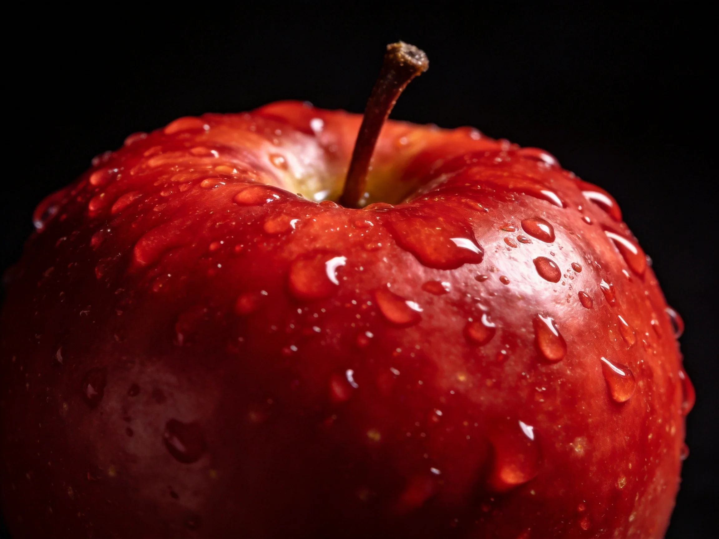 A vibrant red apple adorned with numerous glistening water droplets
