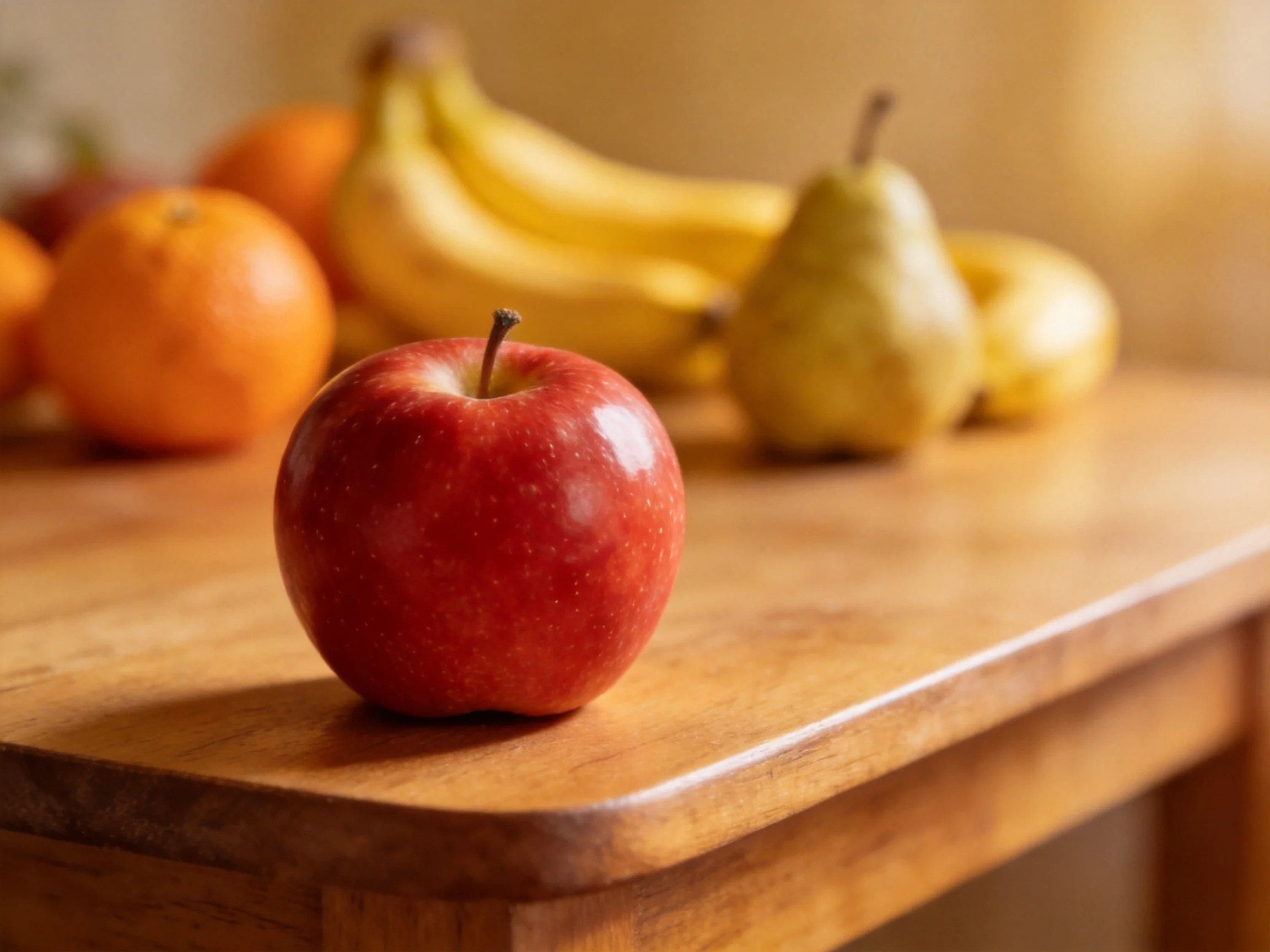 A vibrant red apple centered on a wooden table with bananas, pears, and oranges