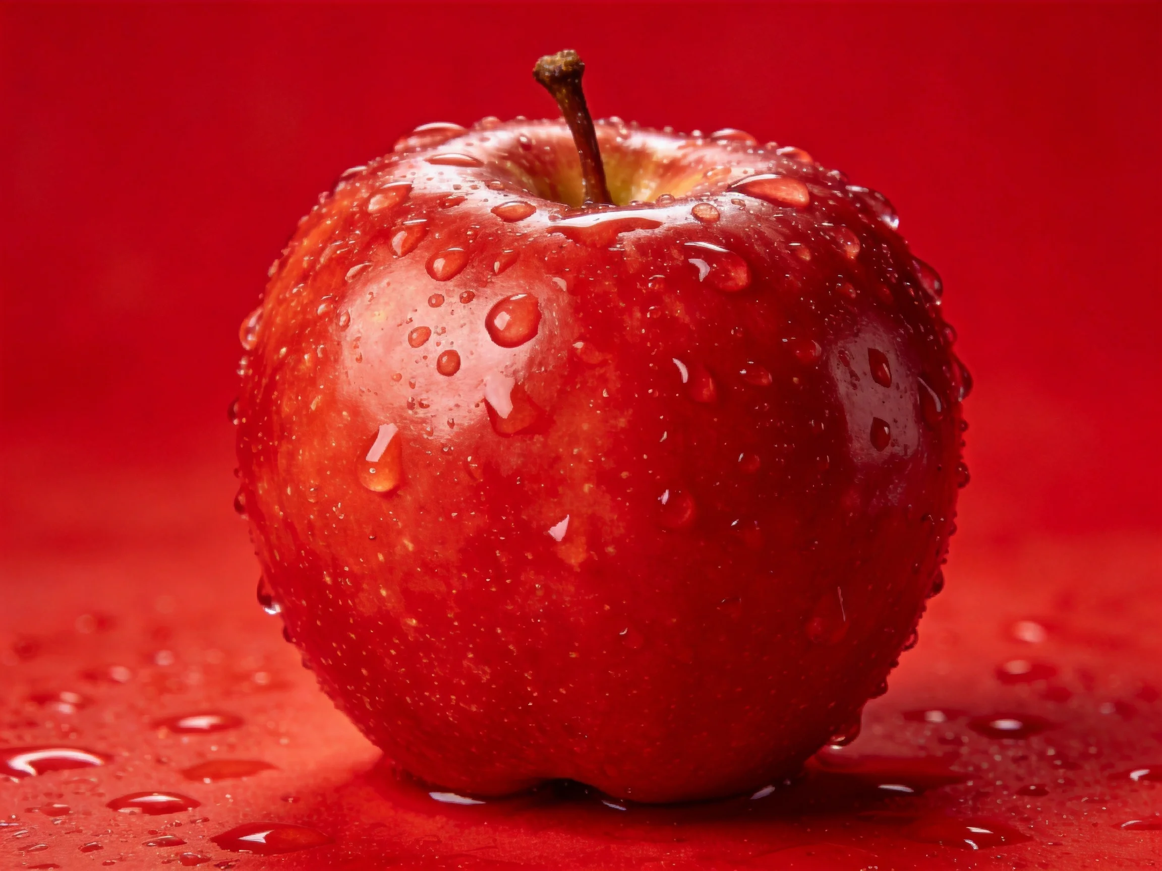 A vibrant red apple covered in numerous glossy water droplets
