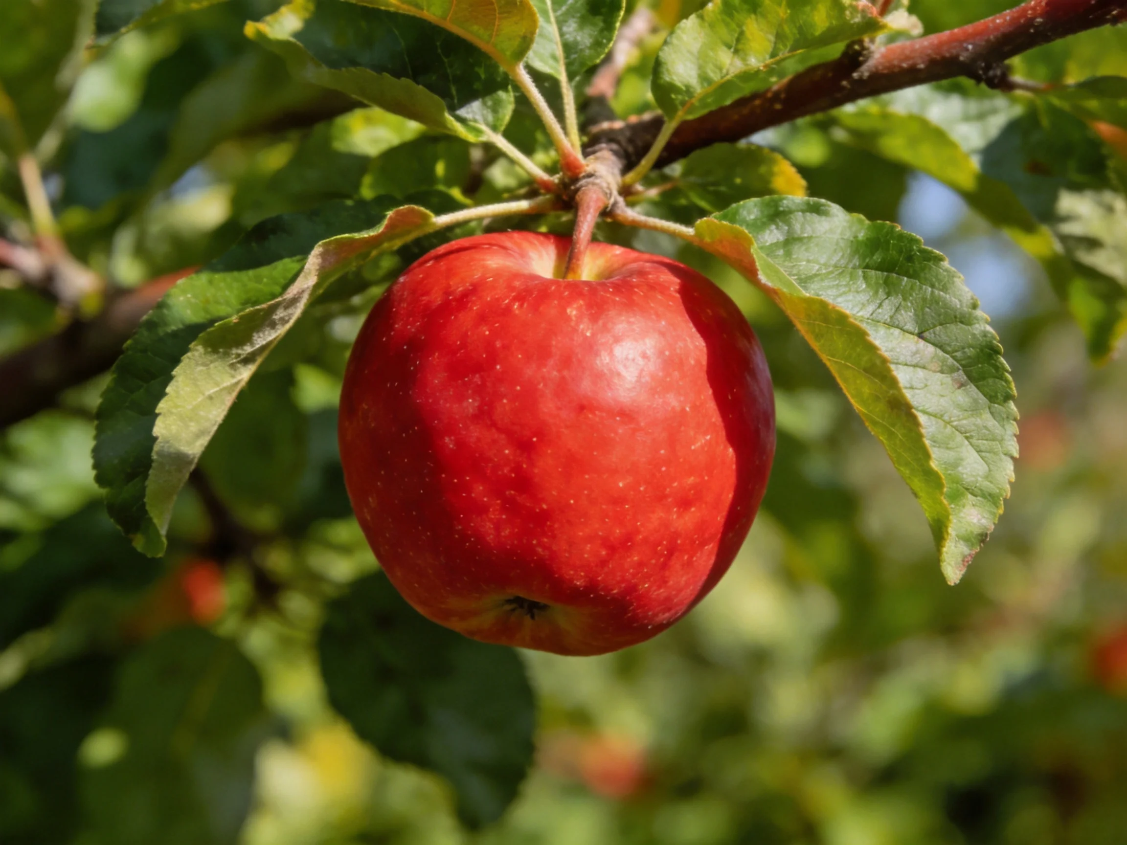 A vibrant red apple dangles from a leafy tree branch