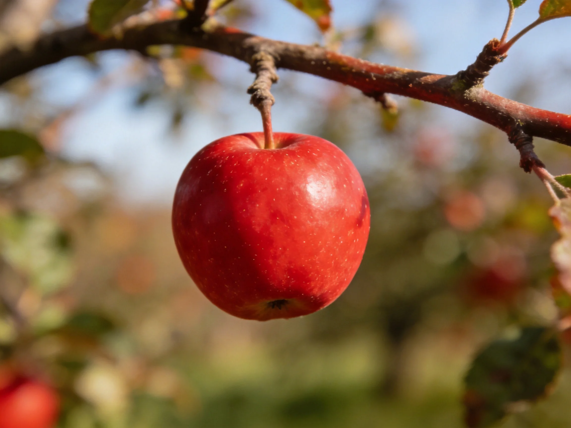 A vibrant red apple dangles from a tree branch in a sun-drenched orchard