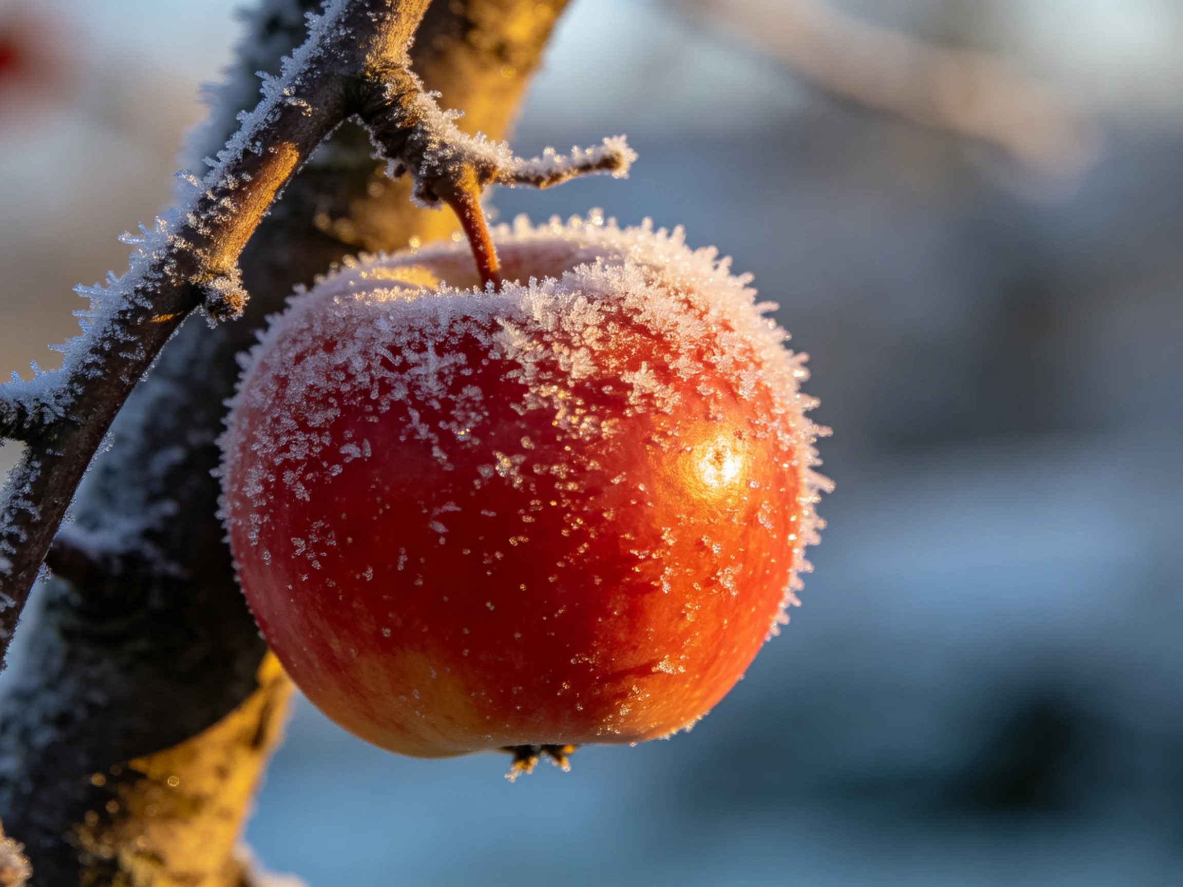 A vibrant red apple dusted with frost hangs from a frosty tree branch