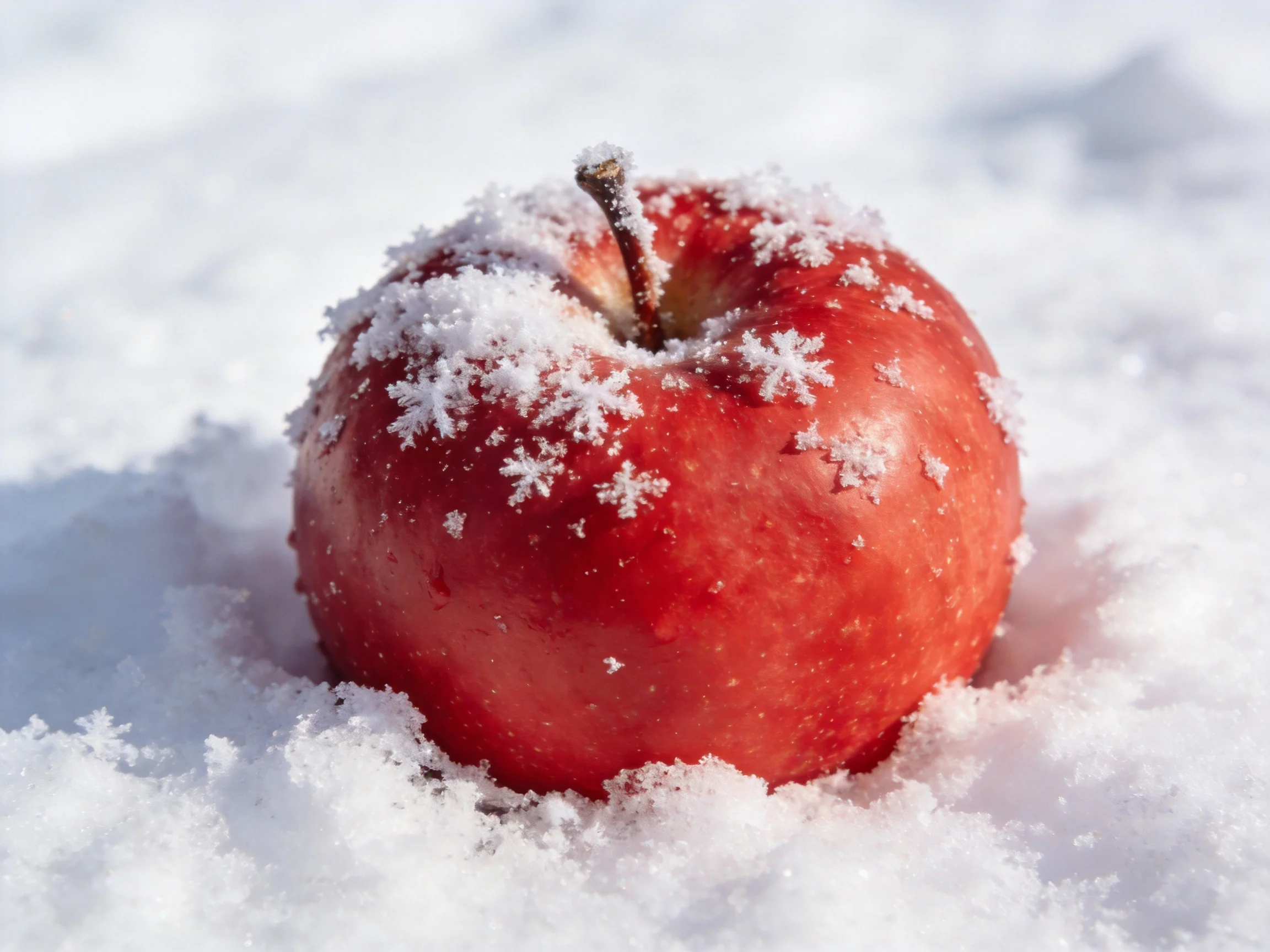 A vibrant red apple dusted with snow crystals on white snow