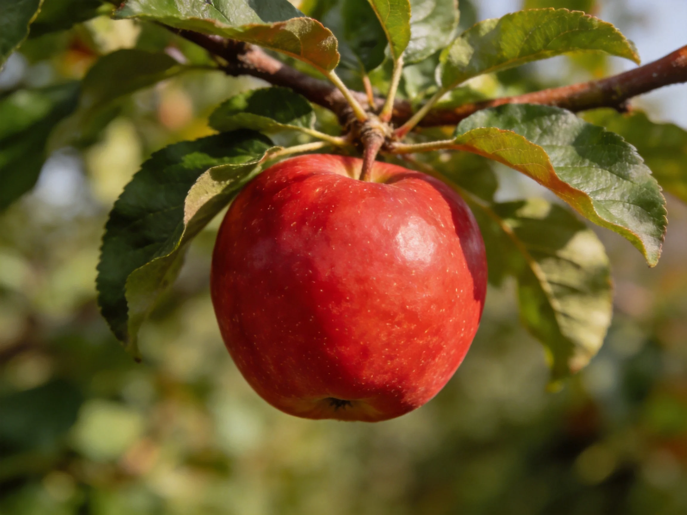 A vibrant red apple hangs among lush green leaves on a tree