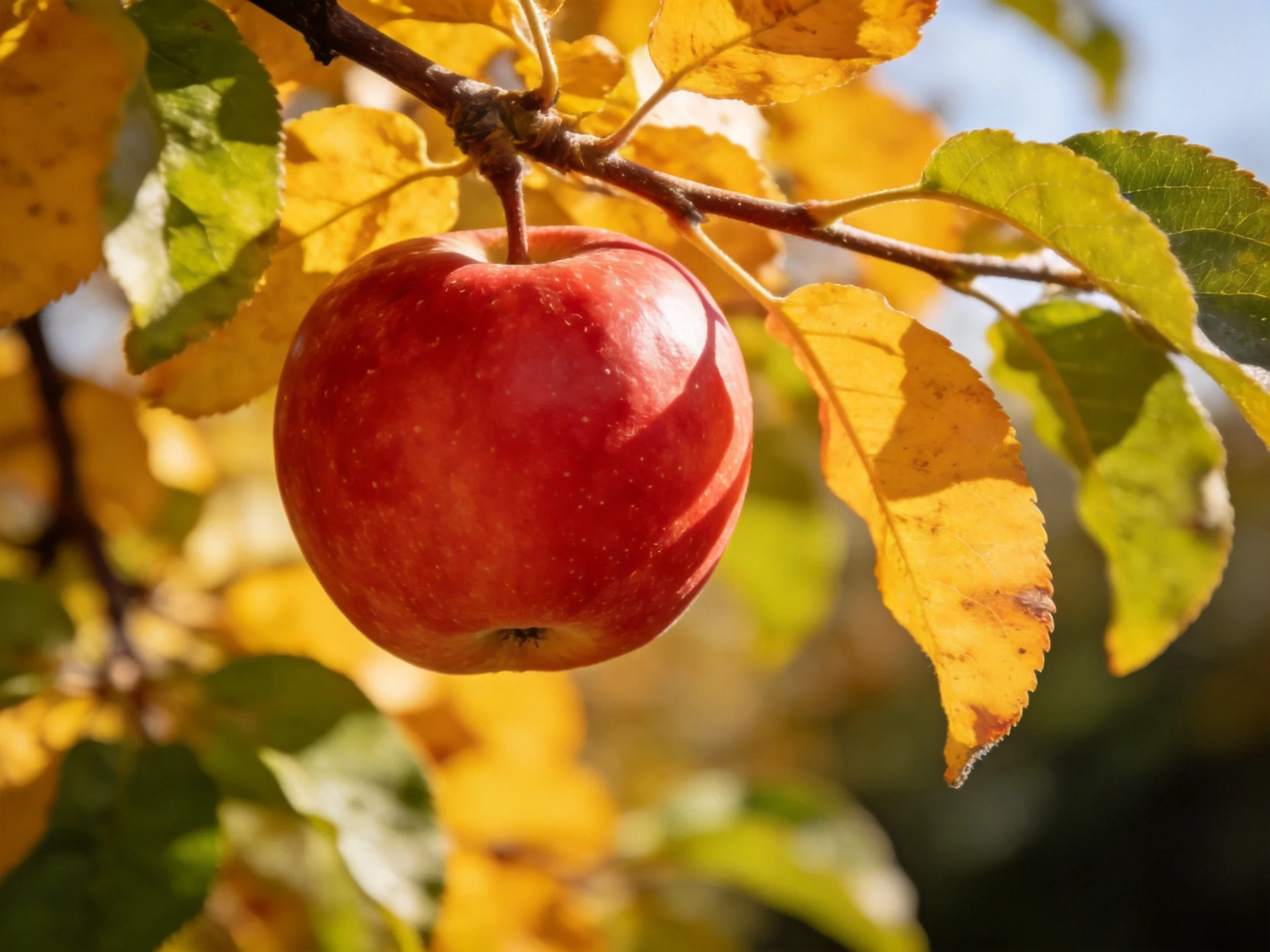 A vibrant red apple hangs from a branch amid golden-yellow foliage