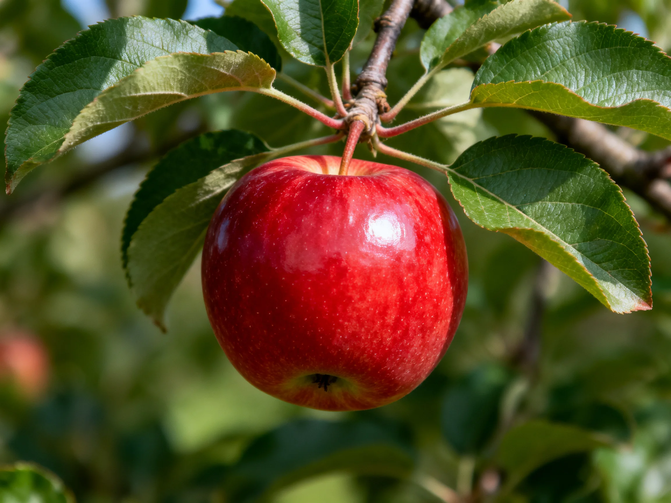 A vibrant red apple hangs from a branch amid lush green foliage.