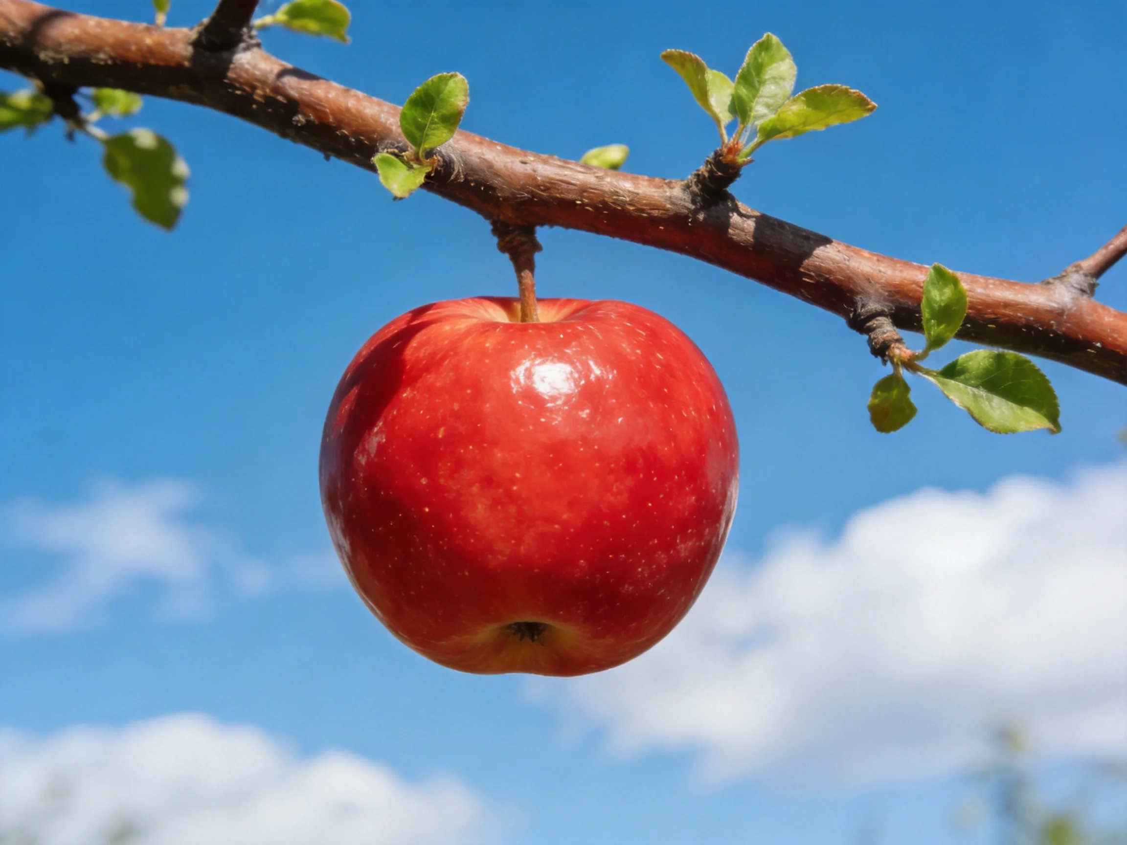 A vibrant red apple hangs from a brown tree branch under a clear blue sky