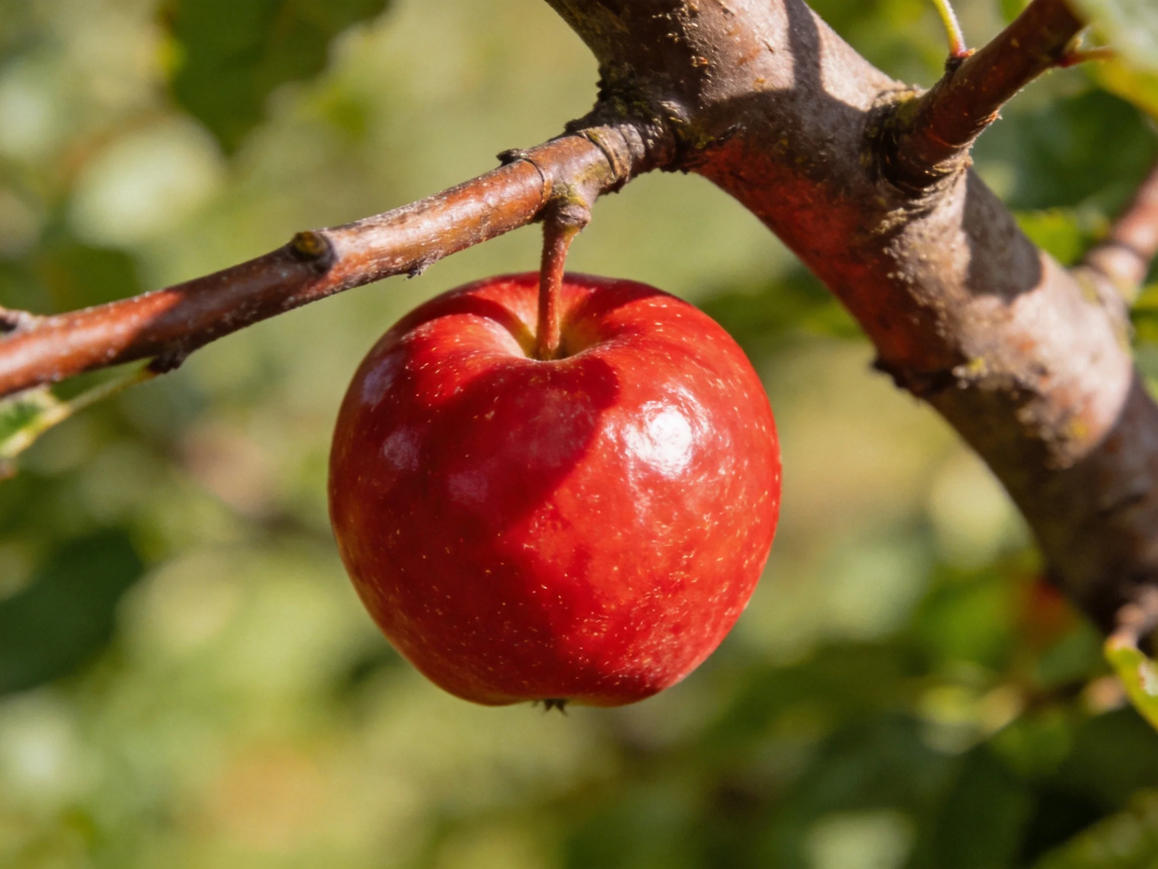 A vibrant red apple hangs from a brown tree branch