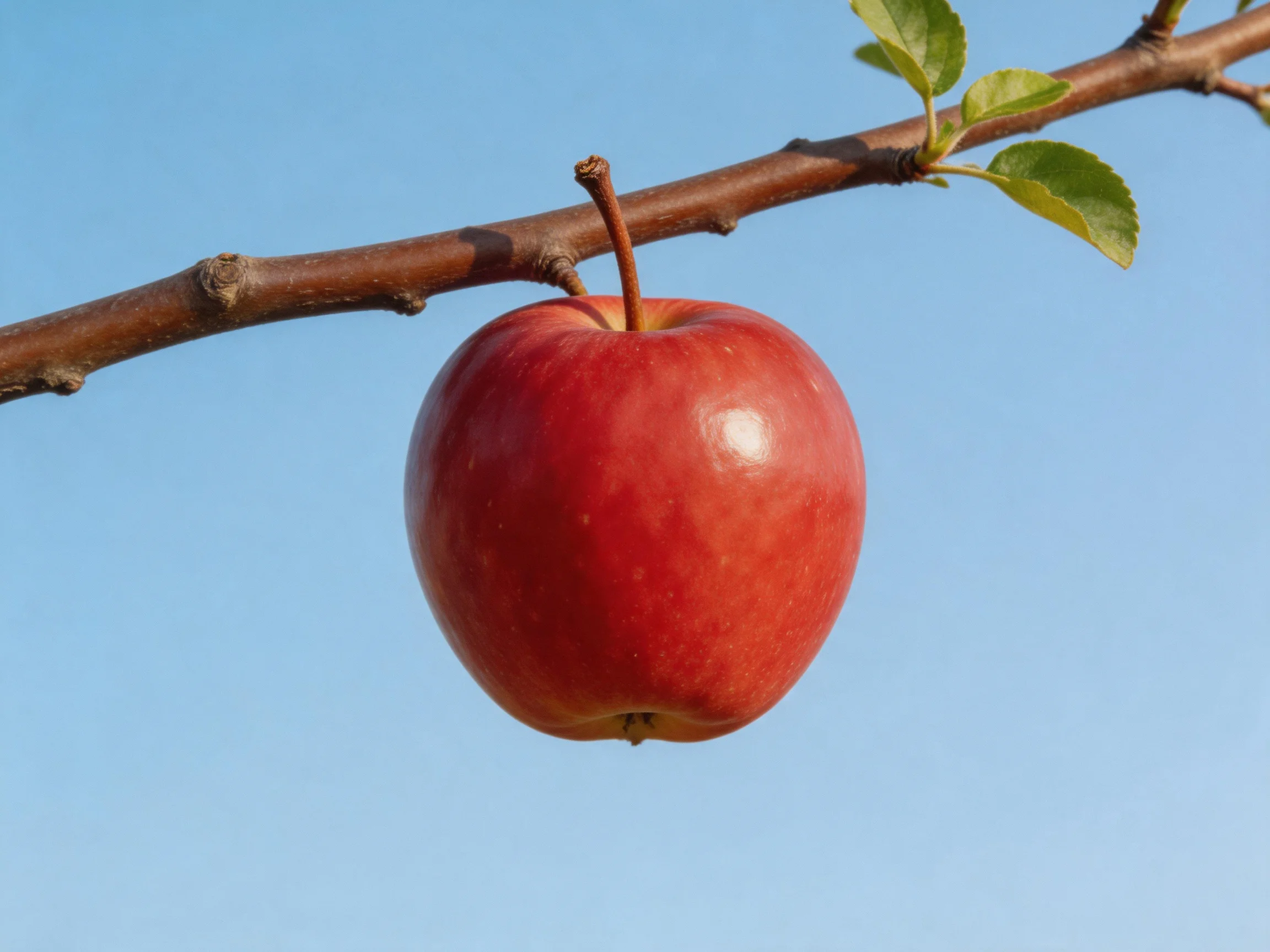 A vibrant red apple hangs from a brown tree branch with green leaves