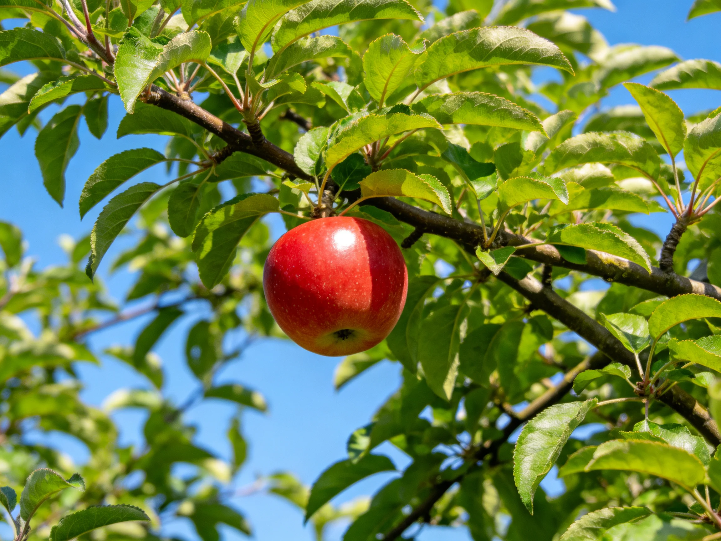 A vibrant red apple hangs from a leafy apple tree branch