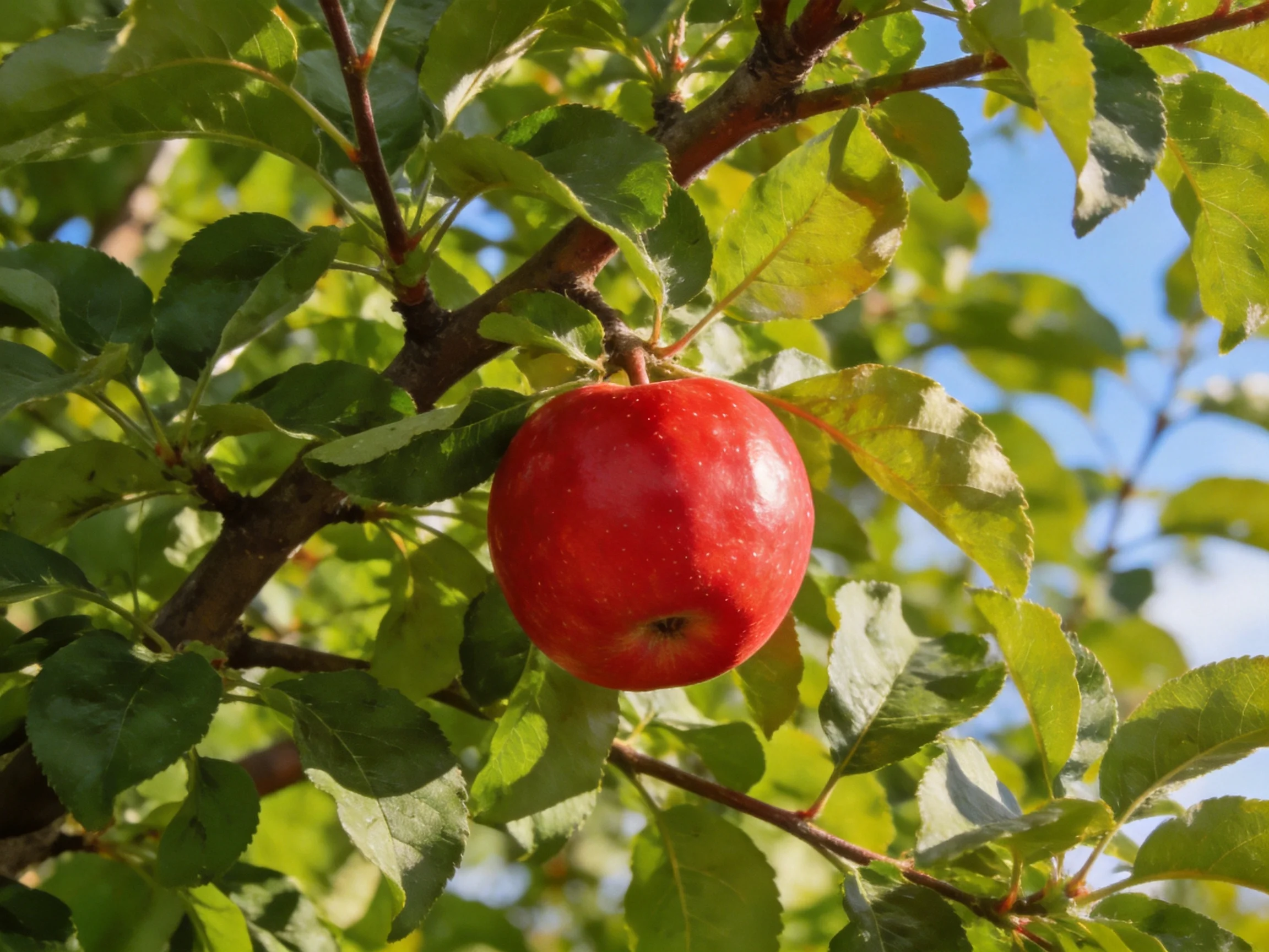 A vibrant red apple hangs from a leafy apple tree branch.