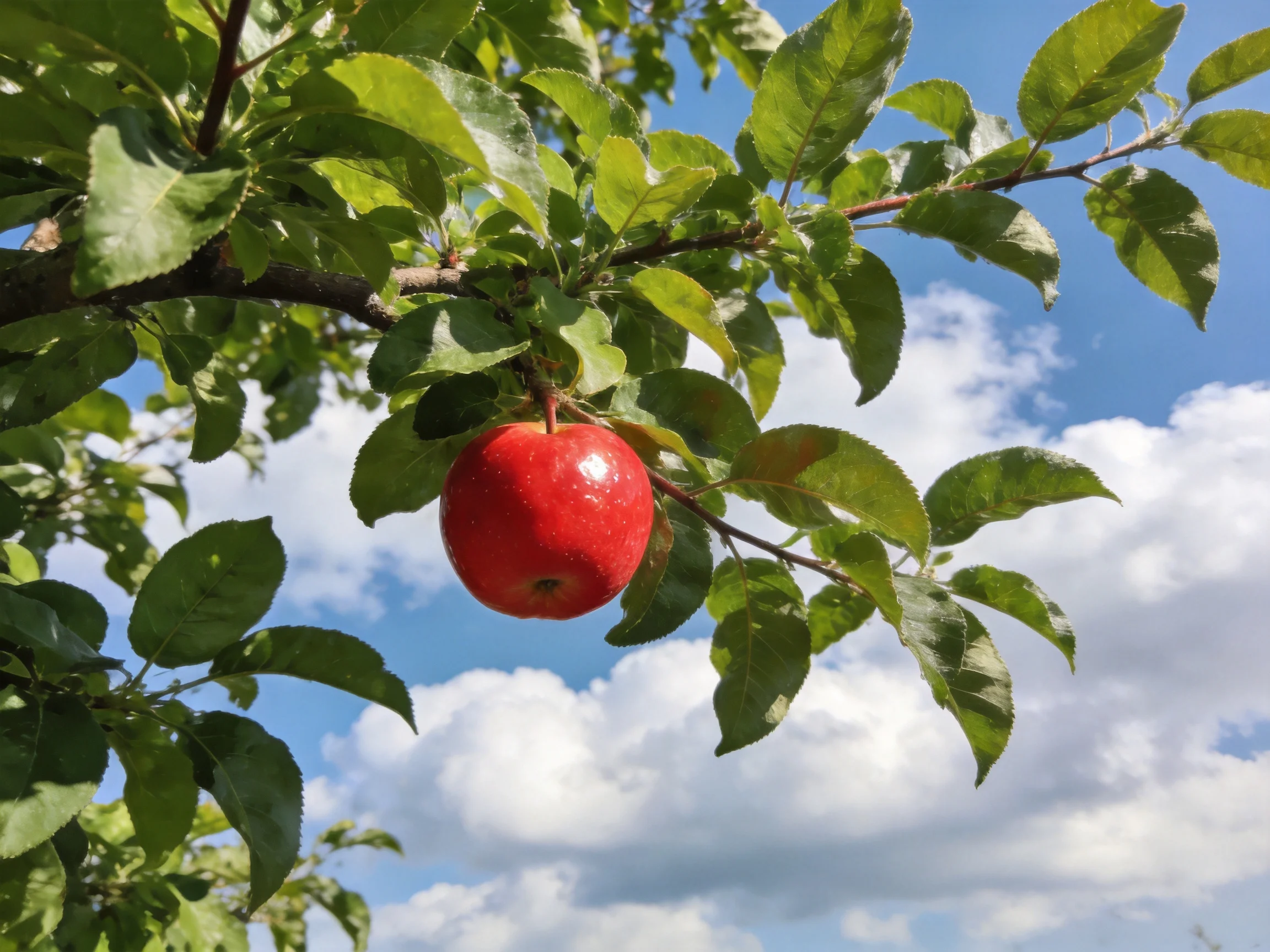 A vibrant red apple hangs from a leafy branch against a bright blue sky