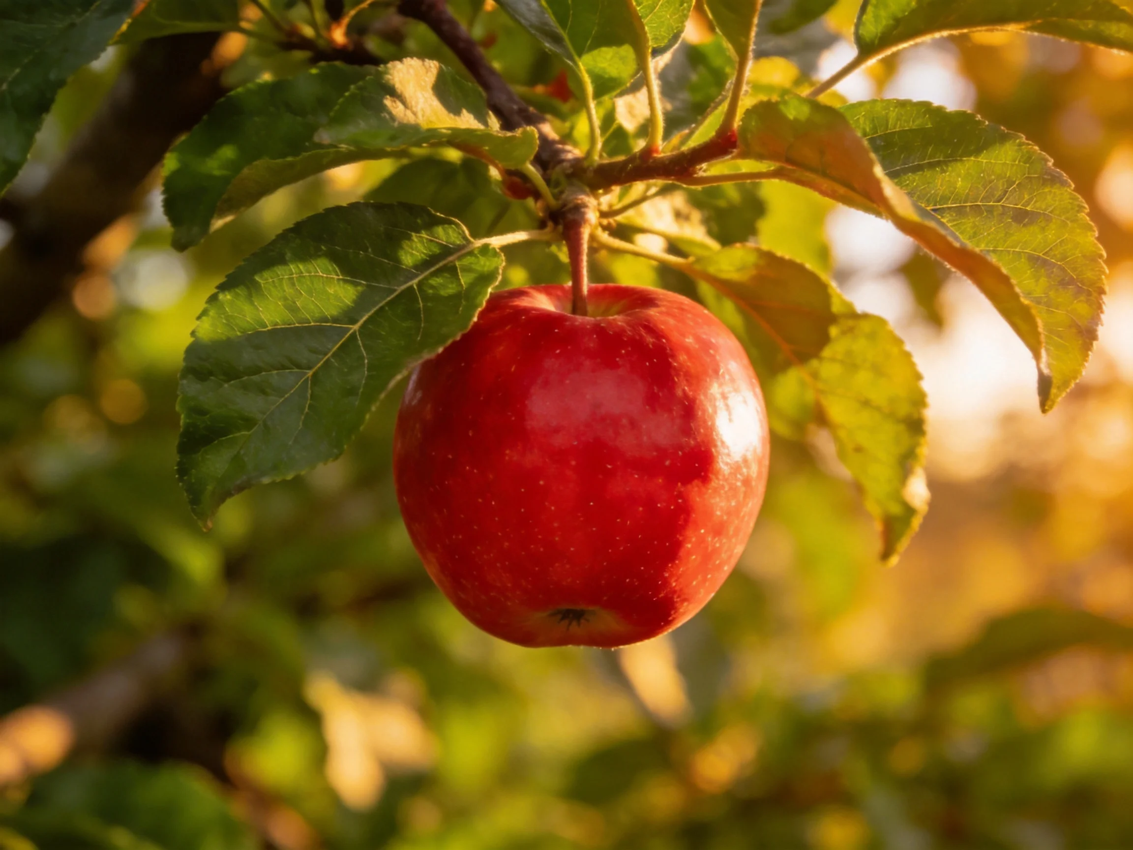 A vibrant red apple hangs from a leafy branch in golden sunlight