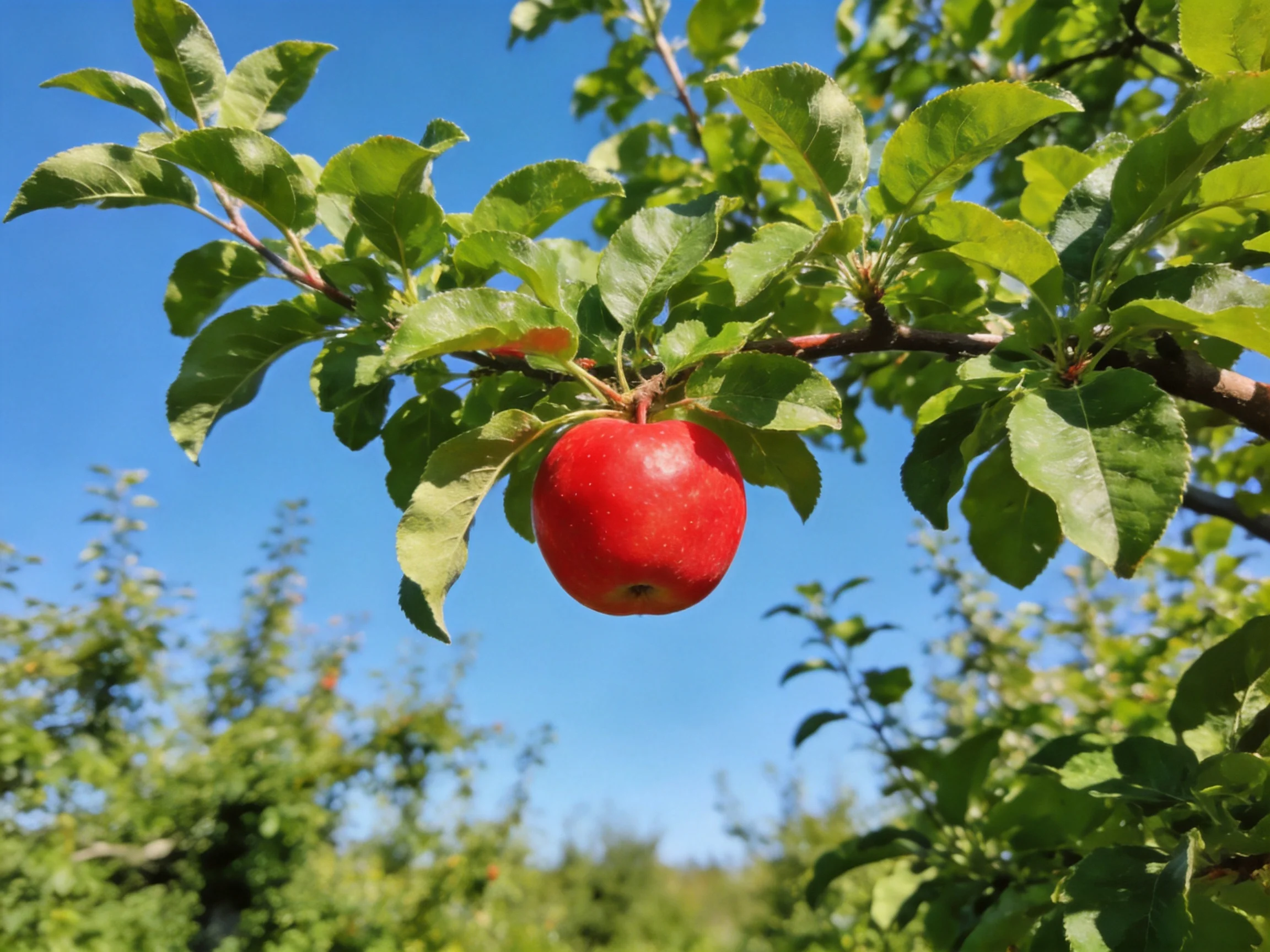 A vibrant red apple hangs from a leafy tree branch against a clear blue sky